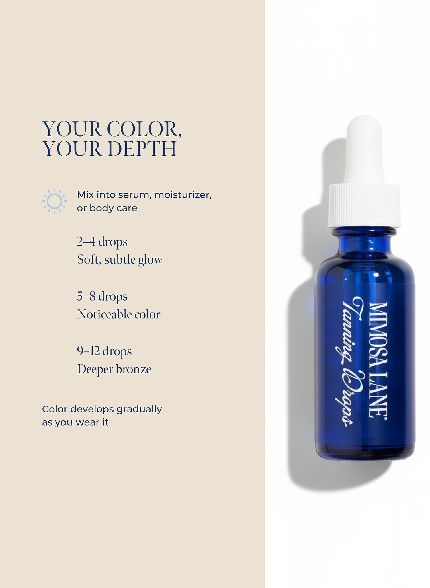 Tanning drops by Mimosa Lane in Blue bottle with white cap on a beige background, featuring text on color depth.