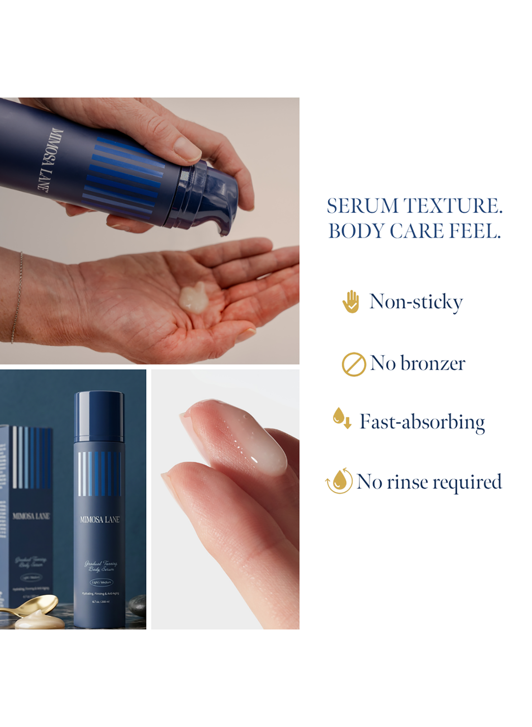 Mimosa lane body serum demonstration with a hand holding a blue bottle, showing serum texture, and text highlighting product features.