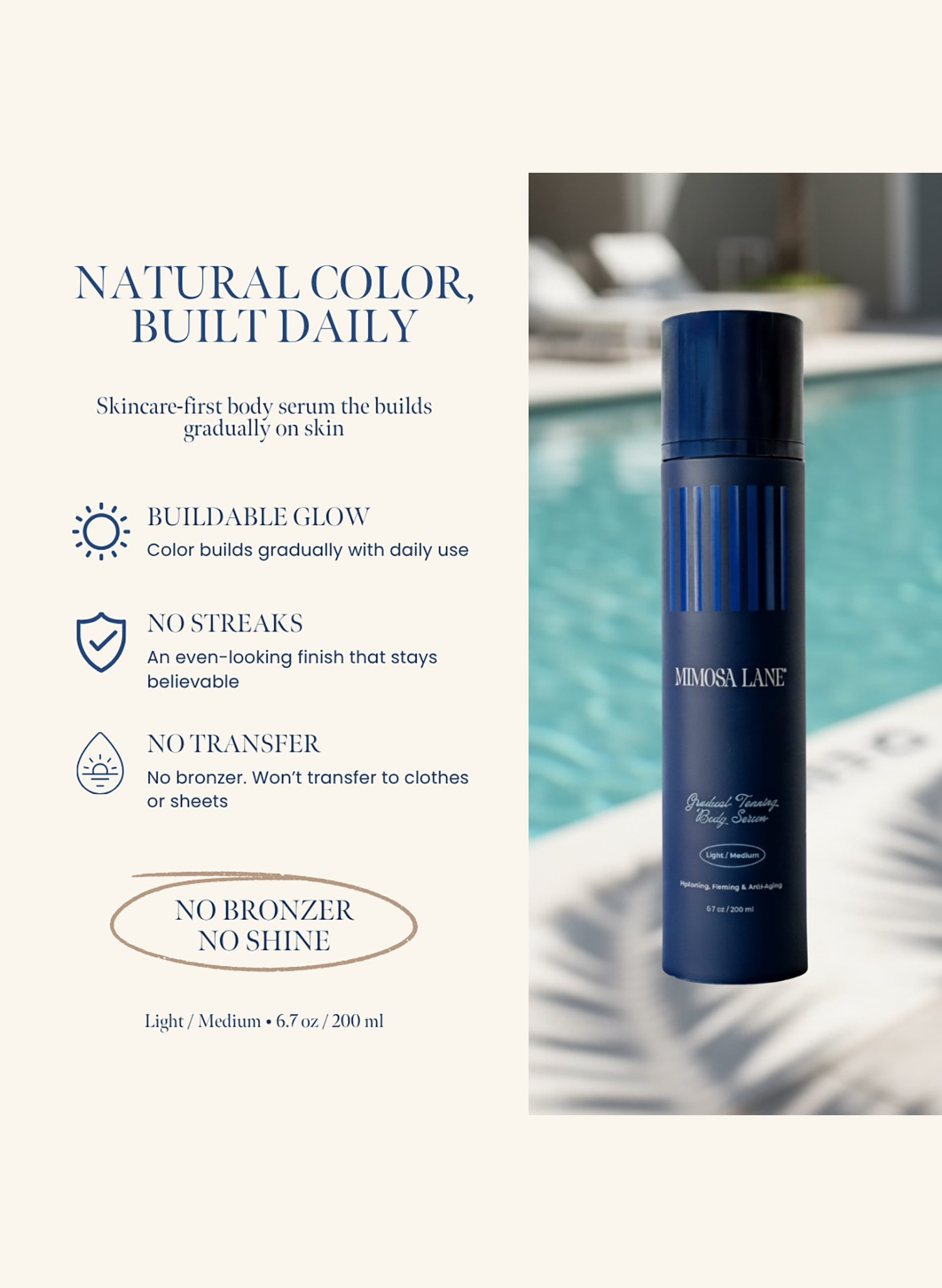 Mimosa Lane Skincare serum bottle with promotional text about natural color build and benefits on a white background.