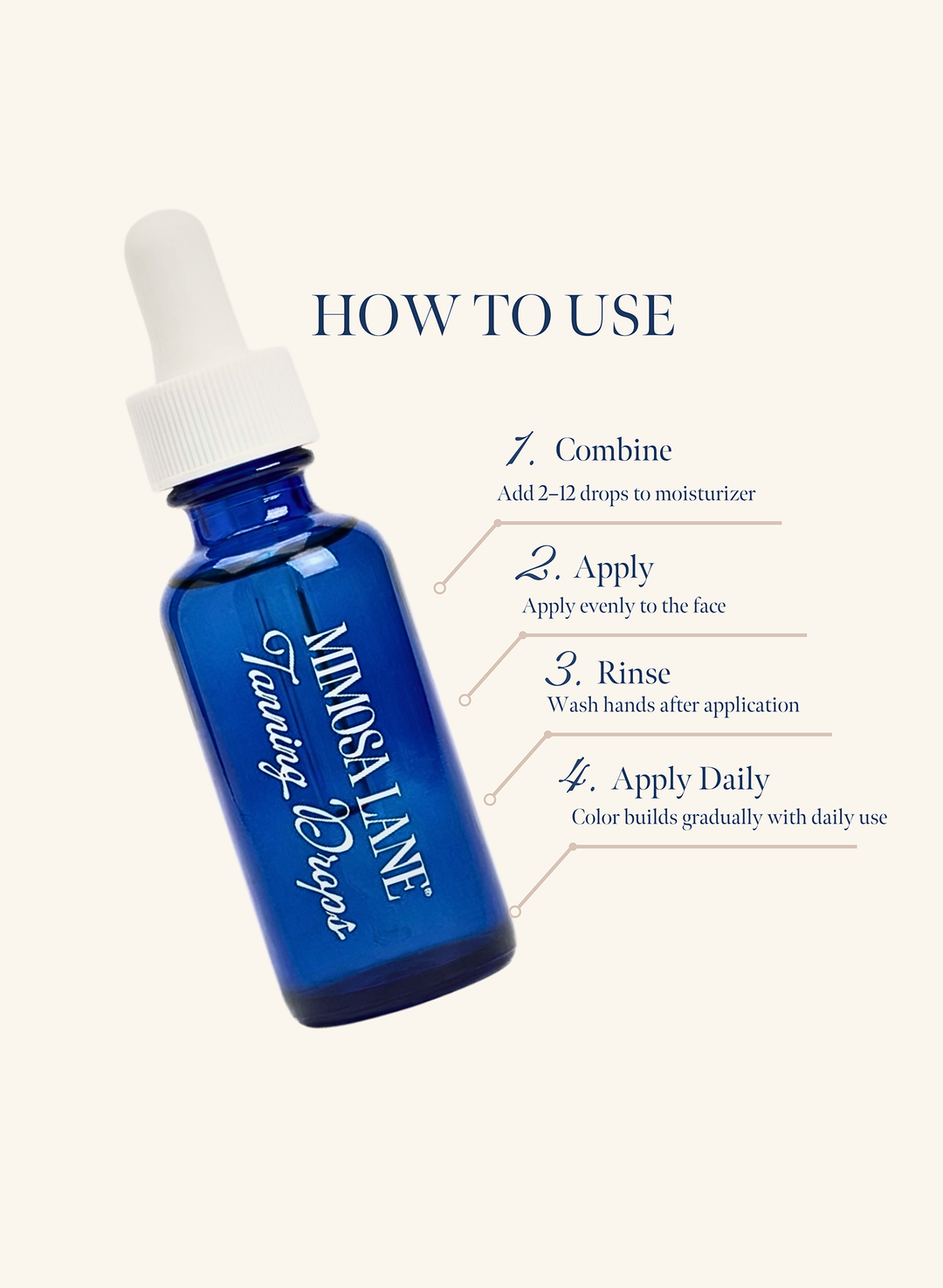 Mimosa Lane Tanning Drops in a blue bottle with dropper and usage instructions on a white background