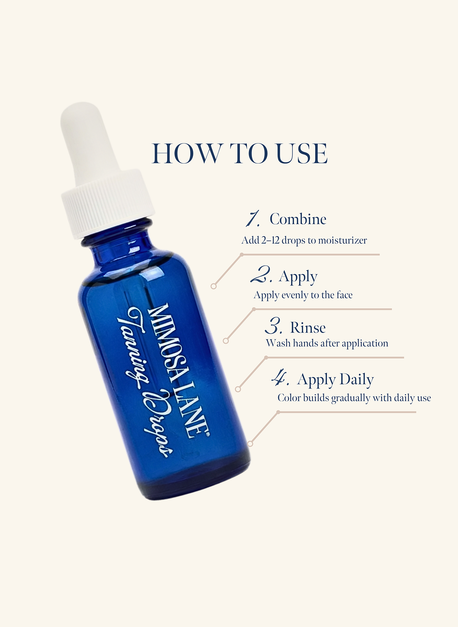 Mimosa Lane Tanning Drops in a blue bottle with dropper and usage instructions on a white background