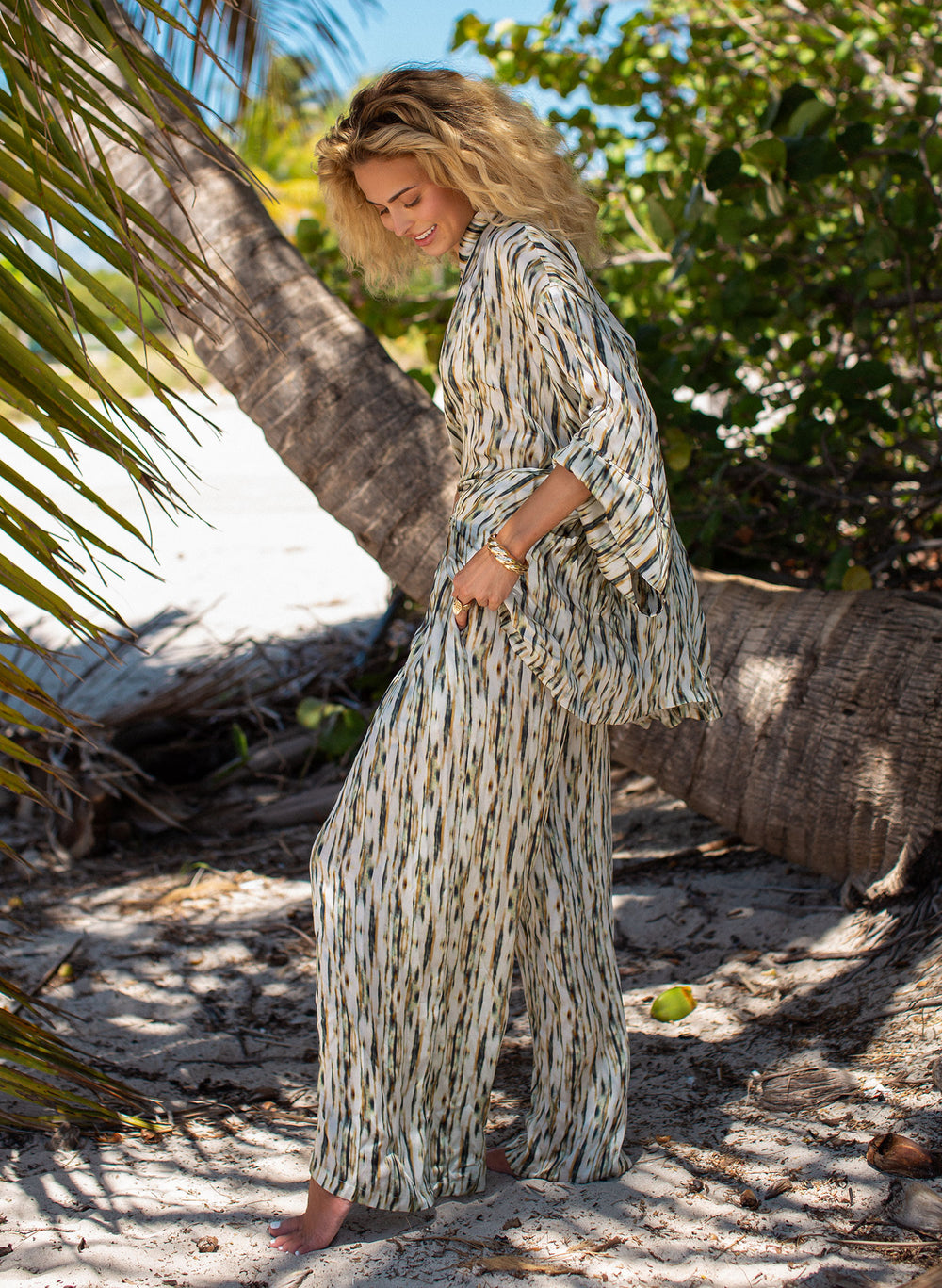 Wide leg beach cover-up pants in Coastal Mirage print with boho-inspired pattern and Women's kaftan beach cover-up  top in Coastal Mirage tribal-inspired print