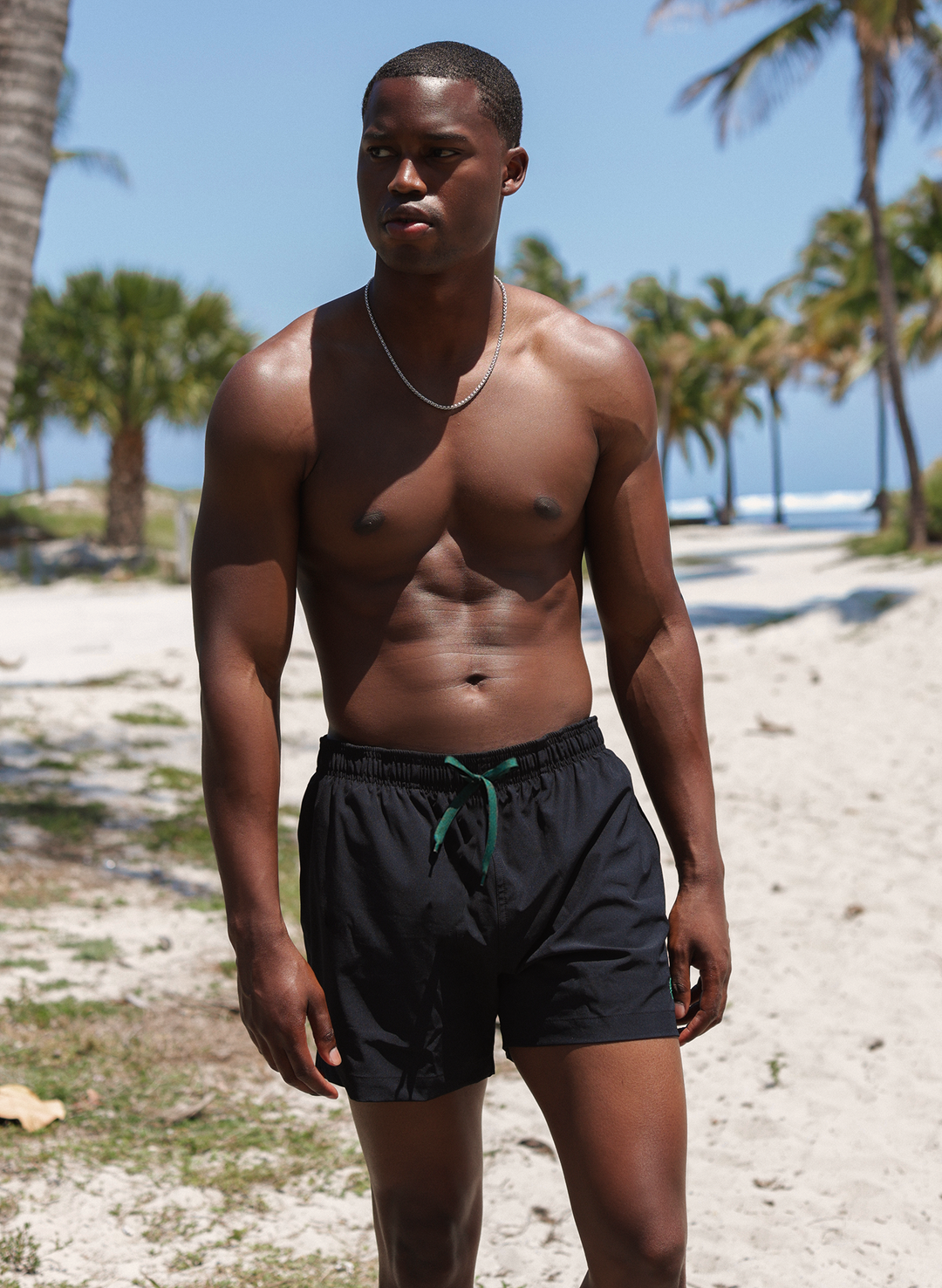 Men’s swim trunks solid black 5" inseam, drawstring fit, beach lifestyle—Salty Mermaid