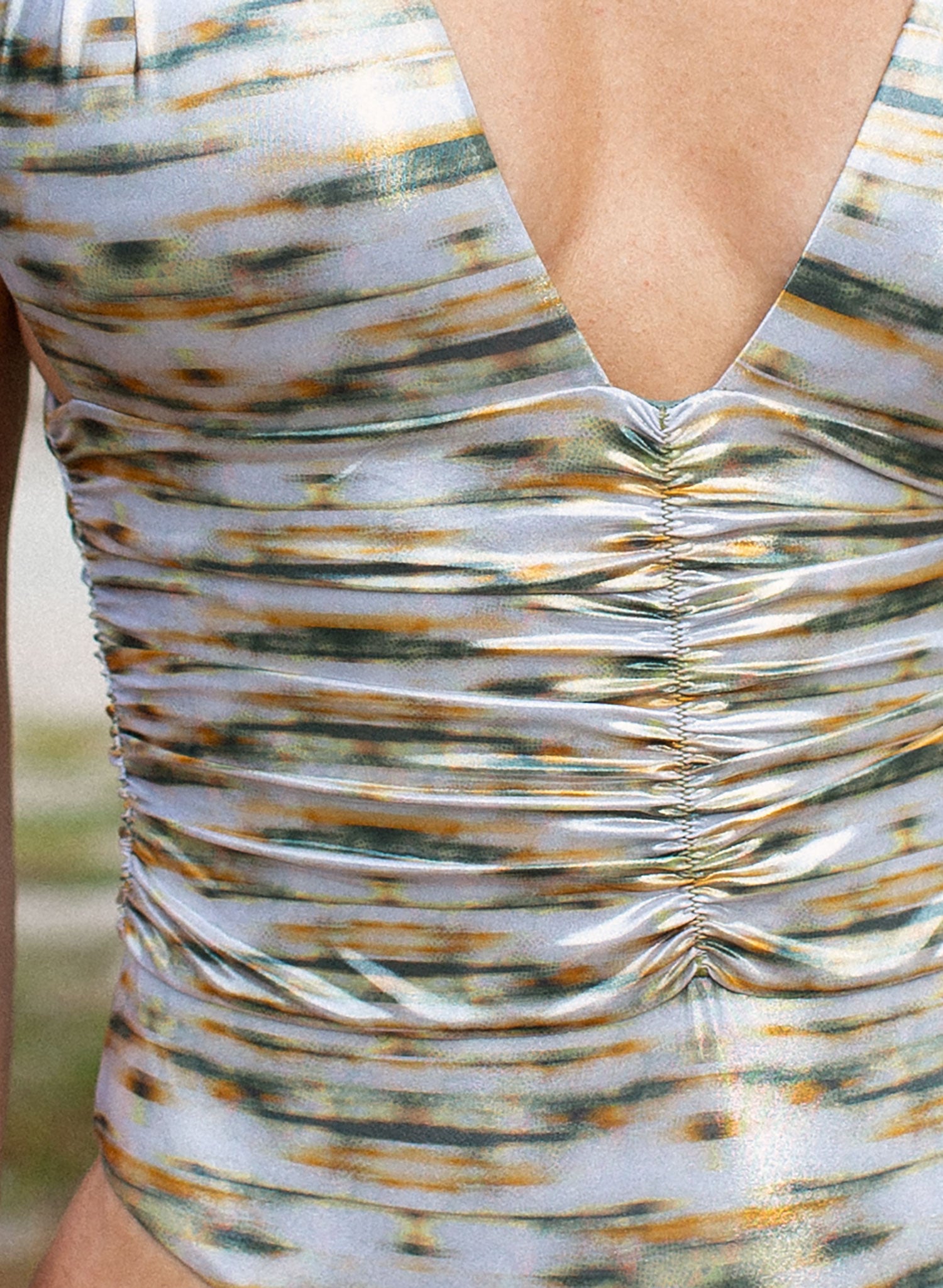 Salty Mermaid ruched one-piece in Coastal Mirage—snatched, sleek, and luxe