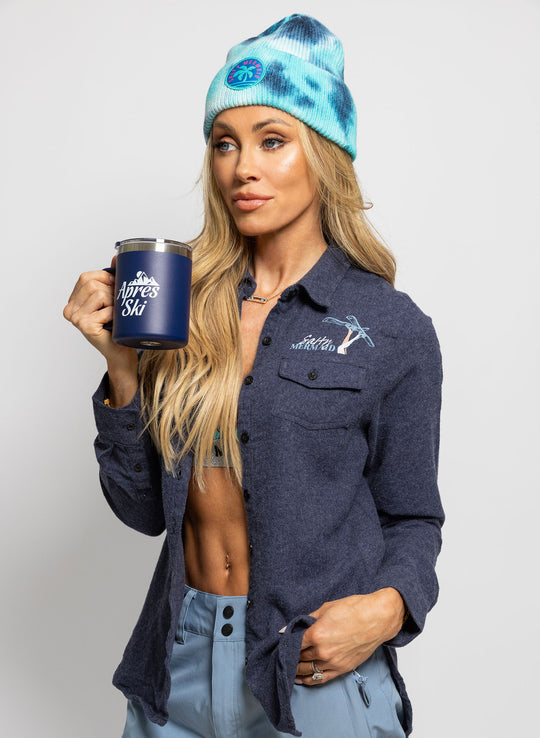 Women's button down snow flannel by Salty mermaid featuring upside down skier graphic