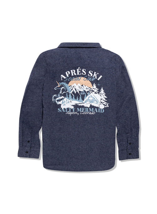 women's ski club shirt - soft flannel button-down by Salty mermaid with mountainside social club graphic. 