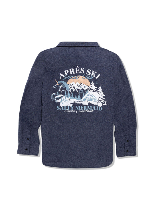 women's ski club shirt - soft flannel button-down by Salty mermaid with mountainside social club graphic. 