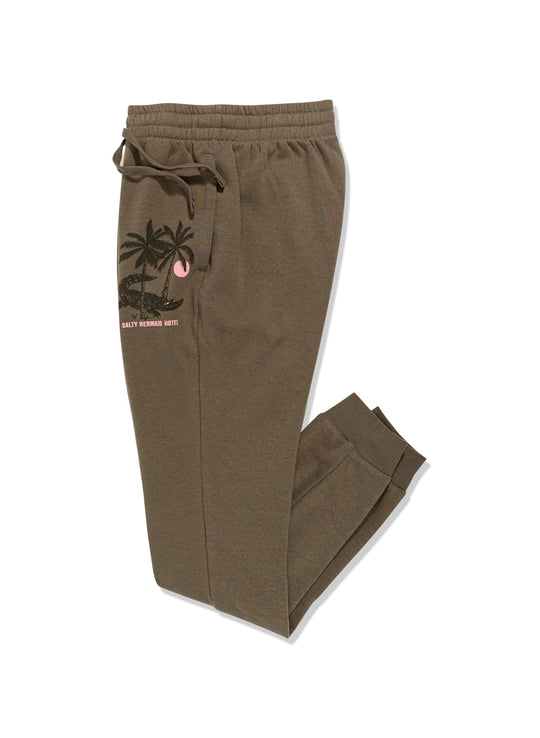 women's moss green casual jogger- salty mermaid welcome to florida jogger flat lay