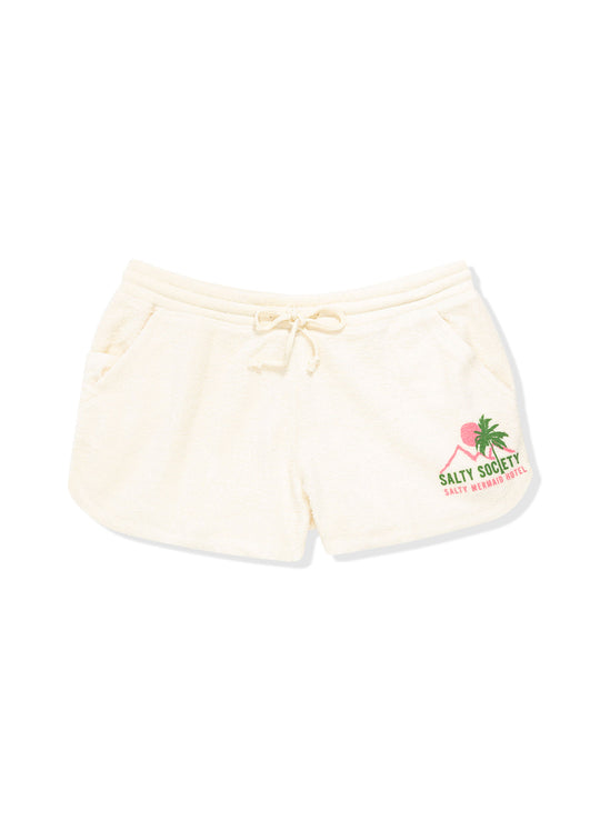 Salty Mermaid salty society sweat shorts in ivory with left salty society desert print
