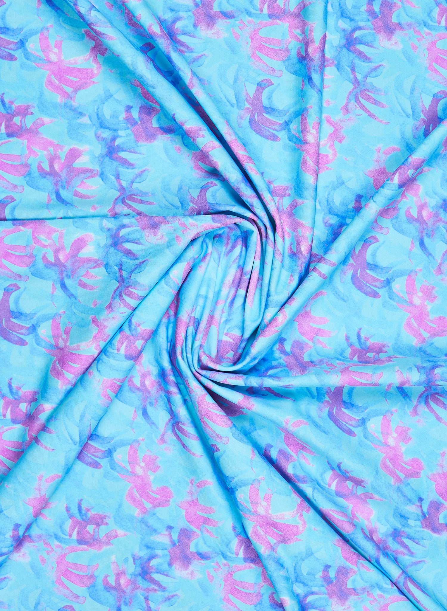 Salty Mermaid Paradise Palms print fabric – blue and pink watercolor inspired palm tree design swimsuit material swatch.