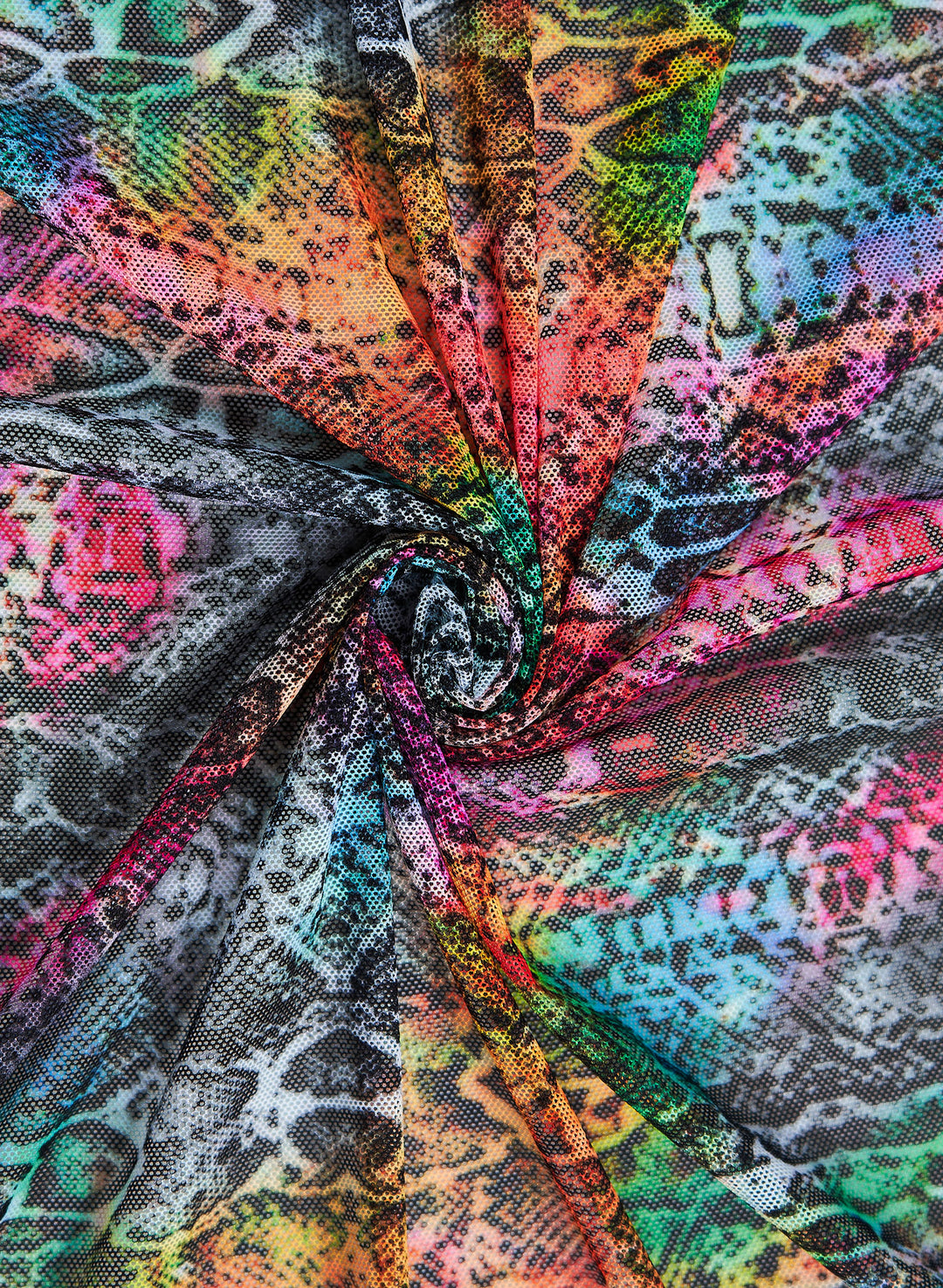 Saltwater Serpent print mesh fabric close-up, colorful snakeskin pattern for tropical animal inspired swimwear print Salty Mermaid
