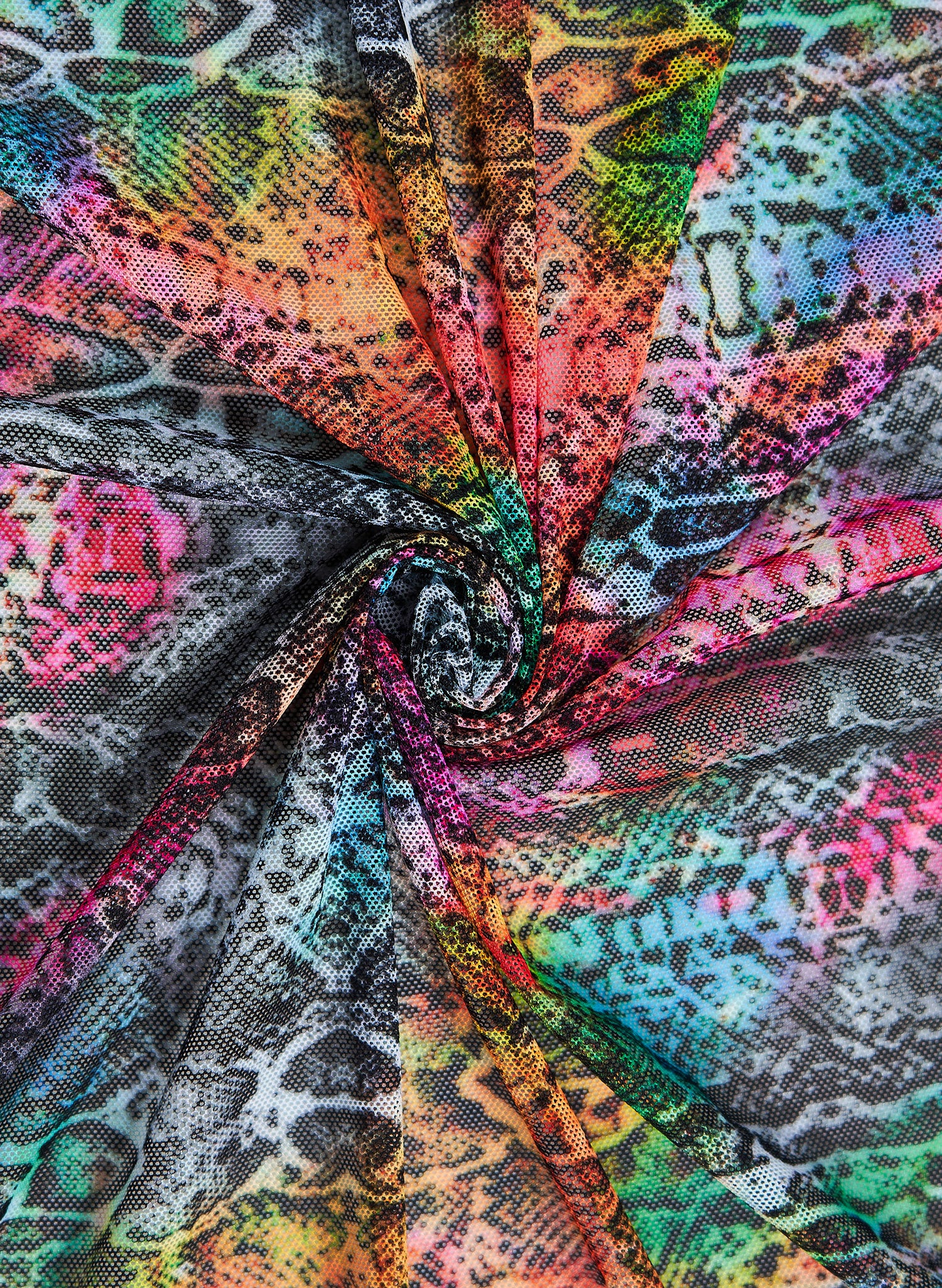 Saltwater Serpent print mesh fabric close-up, colorful snakeskin pattern for tropical animal inspired swimwear print Salty Mermaid
