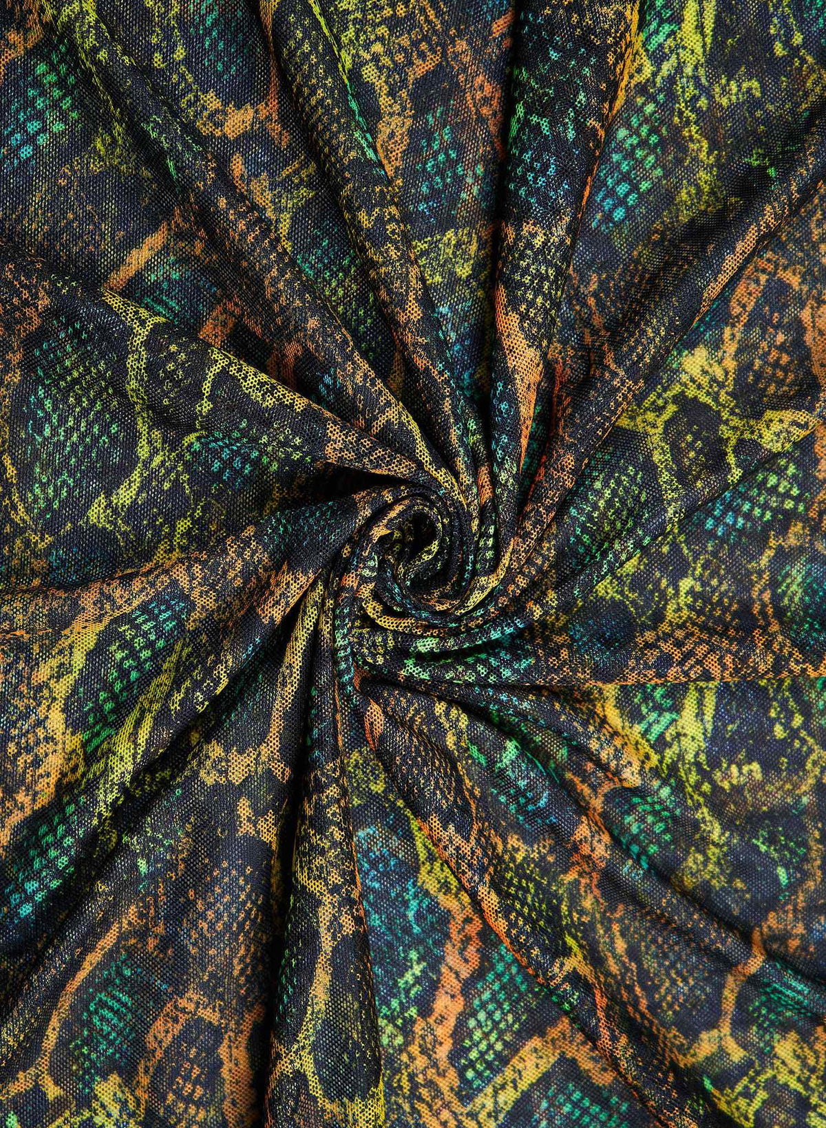 Exotic snake print swim fabric in green and gold, Snake Charmer pattern—Salty Mermaid swimwear