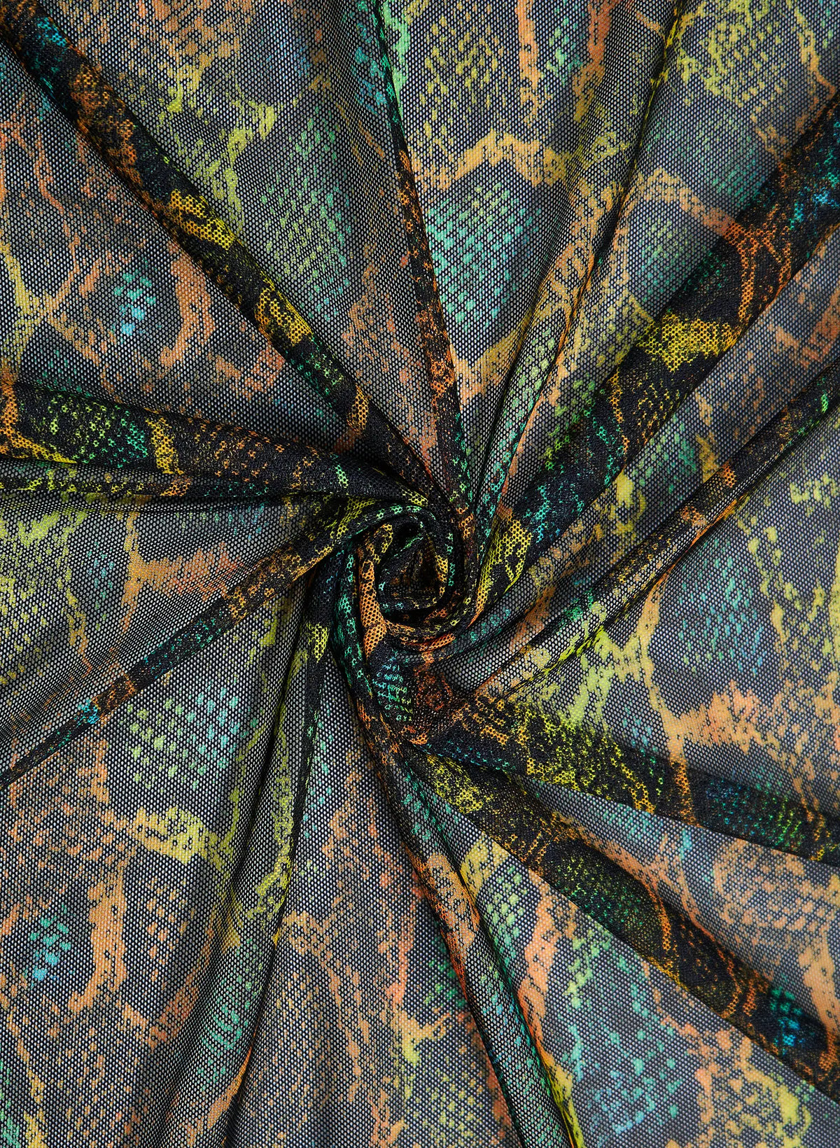 Exotic neon snake print swim fabric close-up in green and gold, Snake Charmer—Salty Mermaid swimwear