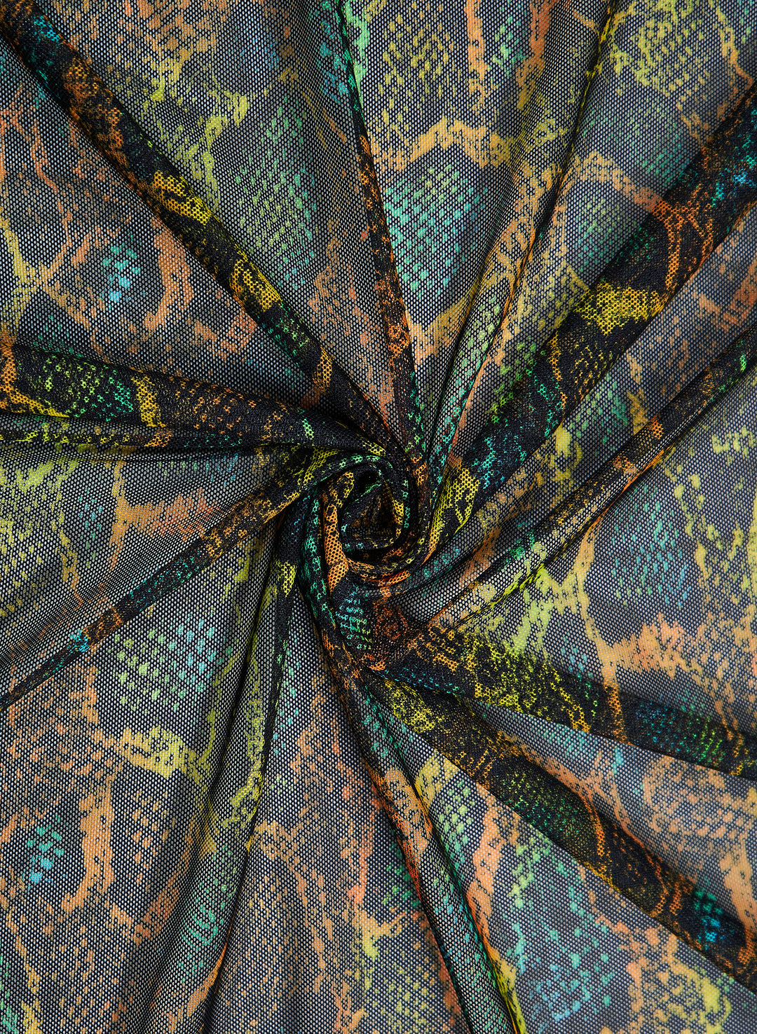 Exotic neon snake print swim fabric close-up in green and gold, Snake Charmer—Salty Mermaid swimwear