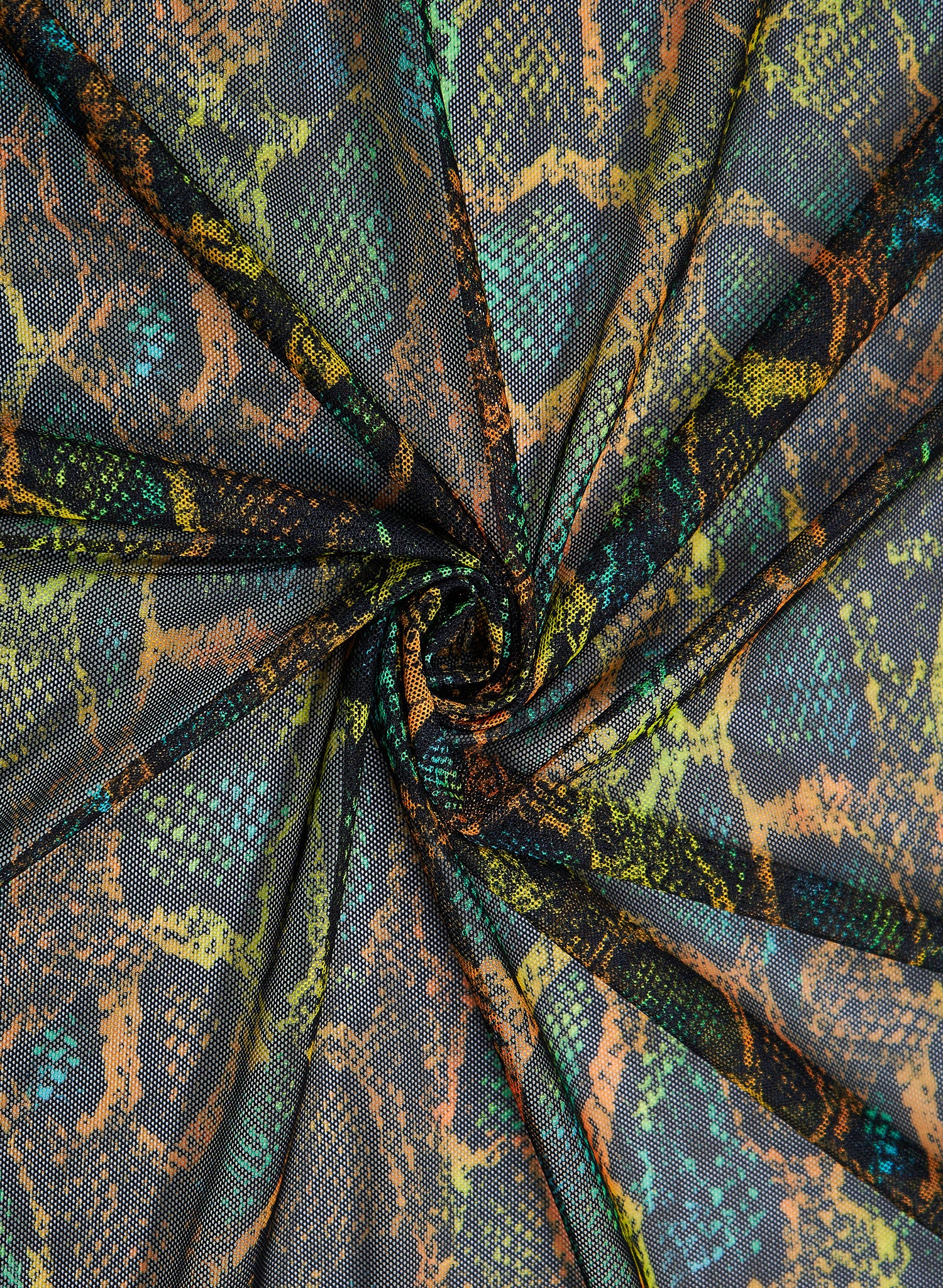 Exotic neon snake print swim fabric close-up in green and gold, Snake Charmer—Salty Mermaid swimwear