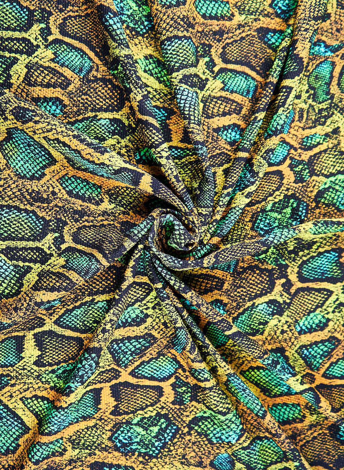 snake charmer swim fabric swatch- Textured piqué snake print swim fabric in green and gold tones, Salty Mermaid swimwear close-up