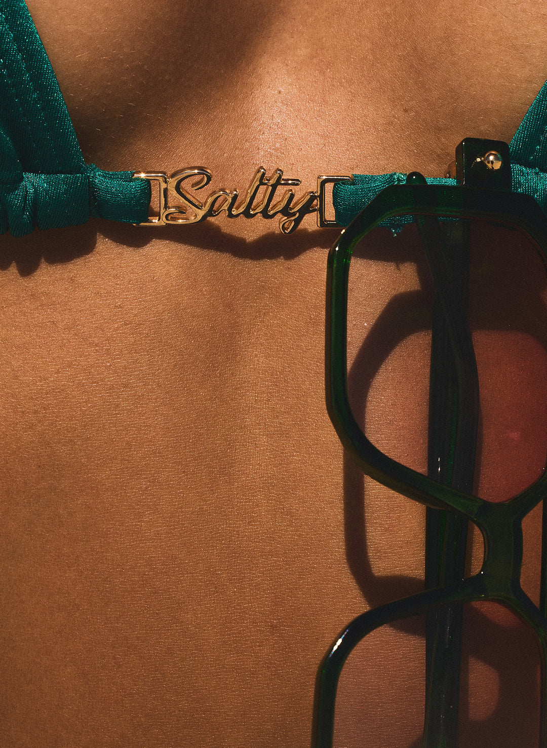 close up of gold salty hardware salty mermaid green mojito bikini top 