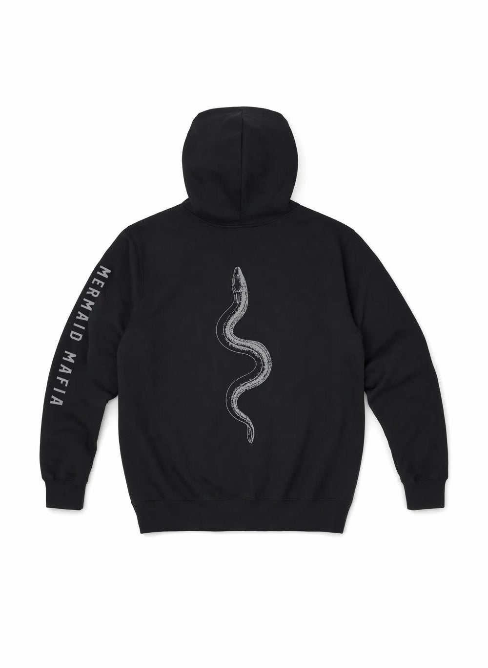 Salty Mermaid "mermaid mafia" hoodie  Black flat lay with eel spine graphic and Mermaid Mafia sleeve print, fleece