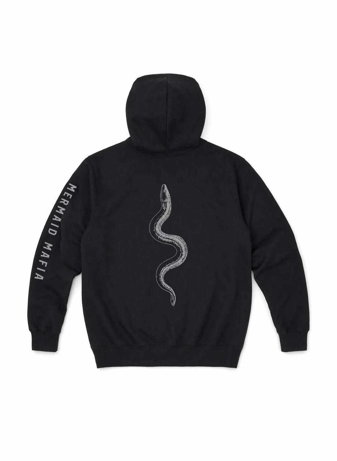 Salty Mermaid "mermaid mafia" hoodie  Black flat lay with eel spine graphic and Mermaid Mafia sleeve print, fleece