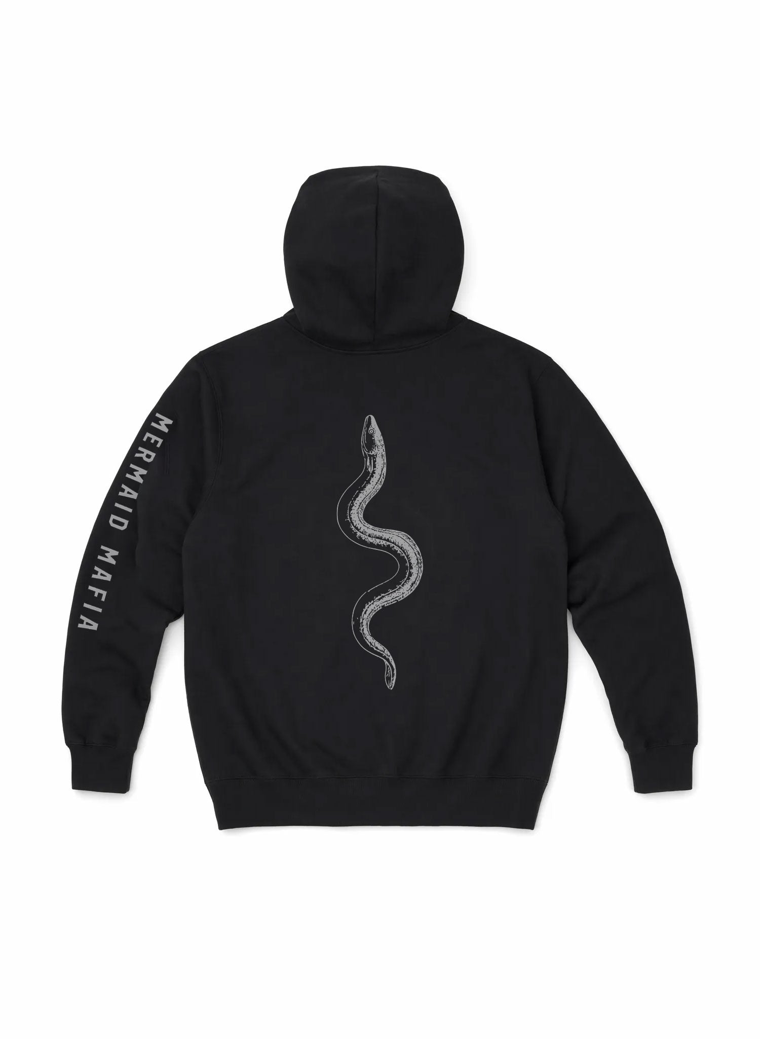 Salty Mermaid "mermaid mafia" hoodie  Black flat lay with eel spine graphic and Mermaid Mafia sleeve print, fleece