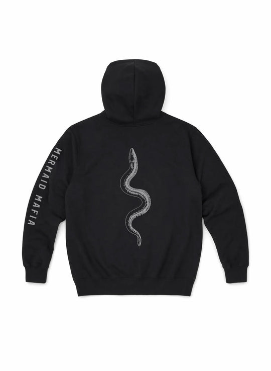 Salty Mermaid "mermaid mafia" hoodie  Black flat lay with eel spine graphic and Mermaid Mafia sleeve print, fleece