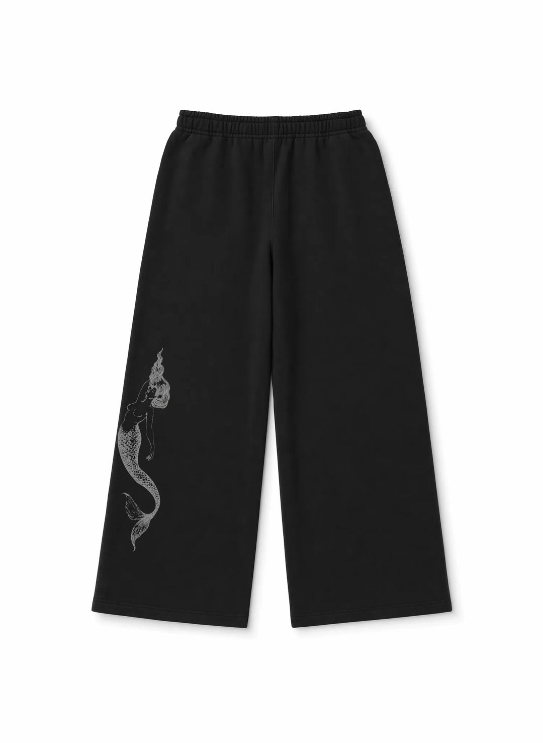 Oversized wide-leg black sweatpants with mermaid siren leg graphic, elastic waistband, Salty Mermaid loungewear
