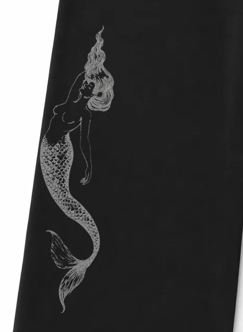 Close-up mermaid siren graphic on Phantom Black wide-leg sweatpants, screen print detail, Salty Mermaid