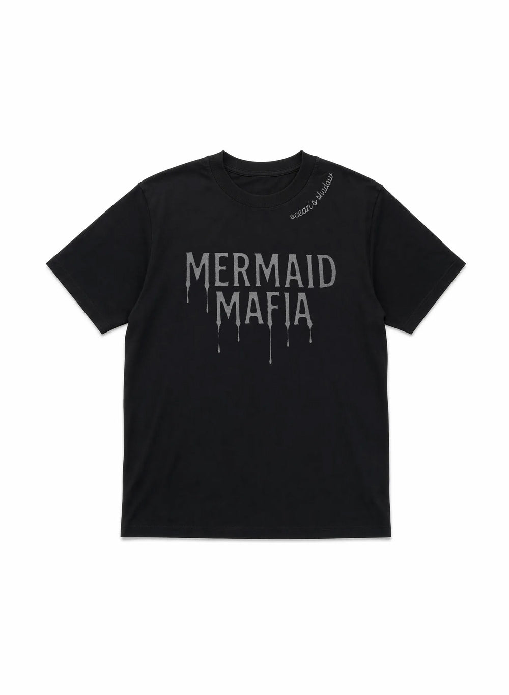 Black unisex graphic tee with dripping Mermaid Mafia front print, soft combed cotton jersey, Salty Mermaid