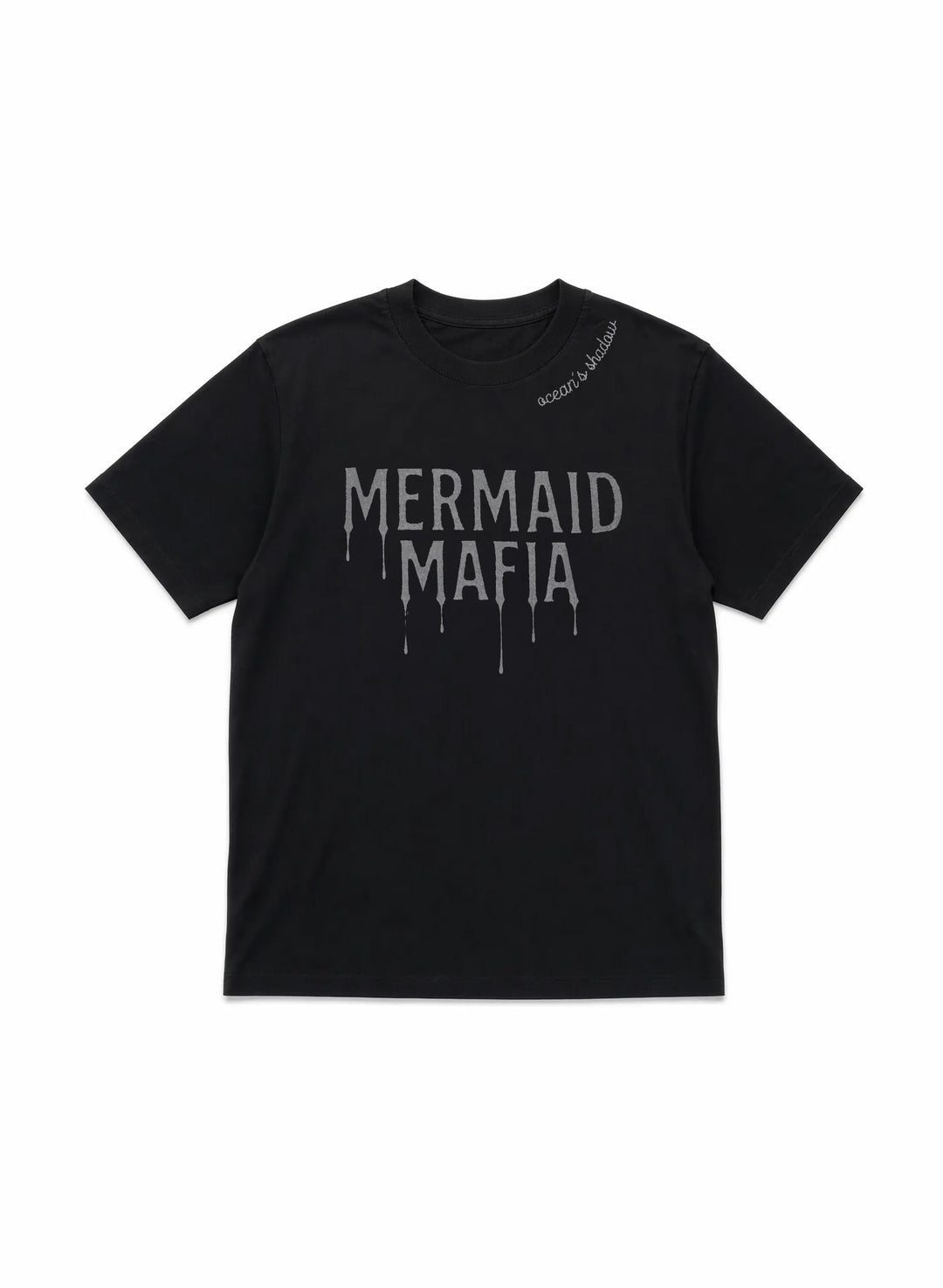 Black unisex graphic tee with dripping Mermaid Mafia front print, soft combed cotton jersey, Salty Mermaid