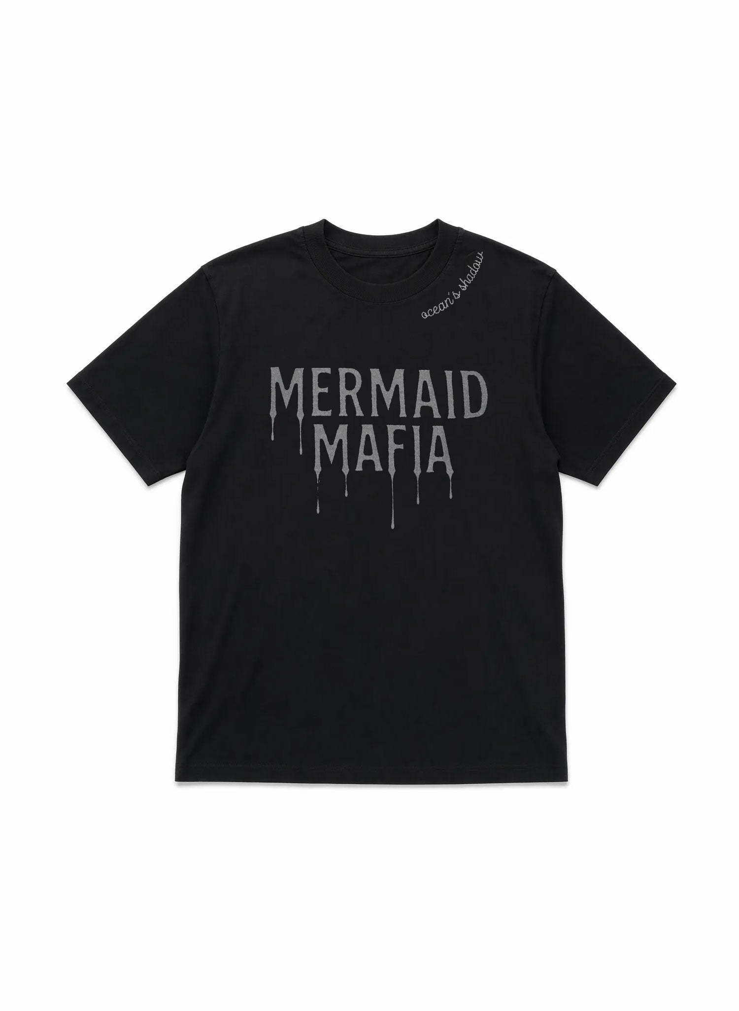 Black unisex graphic tee with dripping Mermaid Mafia front print, soft combed cotton jersey, Salty Mermaid