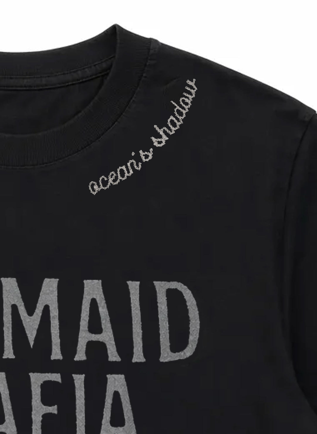 Salty Mermaid Mermaid Mafia unisex tee, black combed cotton, boxy oversized fit, Ocean’s Shadow embroidery