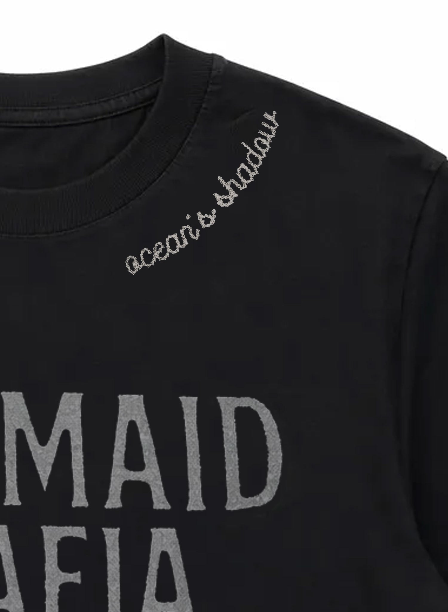Salty Mermaid Mermaid Mafia unisex tee, black combed cotton, boxy oversized fit, Ocean’s Shadow embroidery
