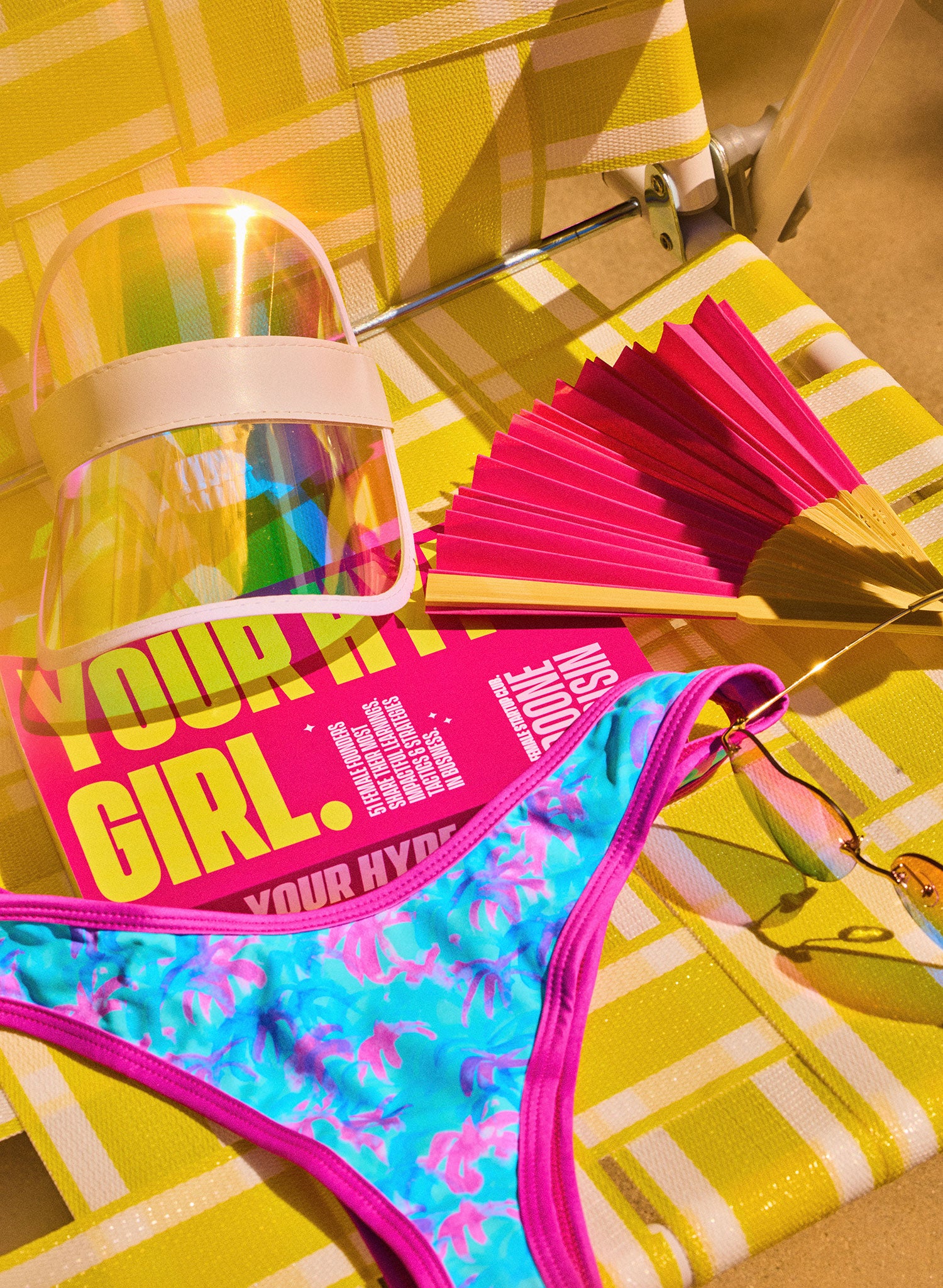 Salty Mermaid Paradise Palms palm tree print high-hip semi-cheeky bikini bottom, flat lay styled with summer beach accessories.