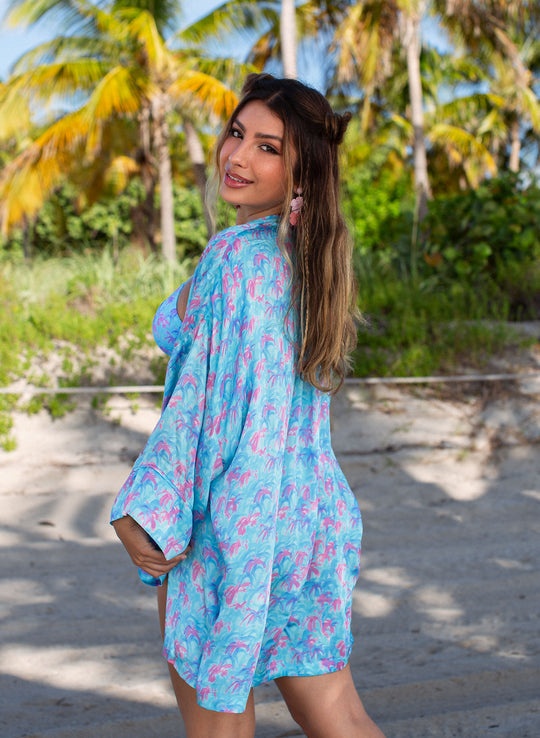 Salty Mermaid Paradise Palms floral cover-up Kaftan and  bikini  – blue and pink palm tree print resort wear for women