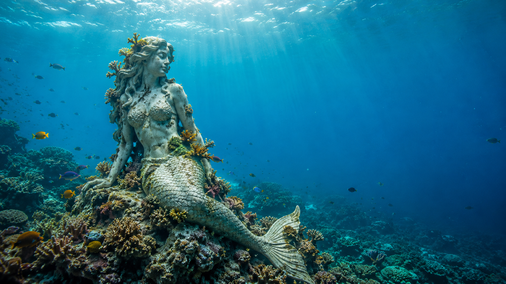 a mermaid inspired statue at the bottom of the ocean with coral growing on and around it.