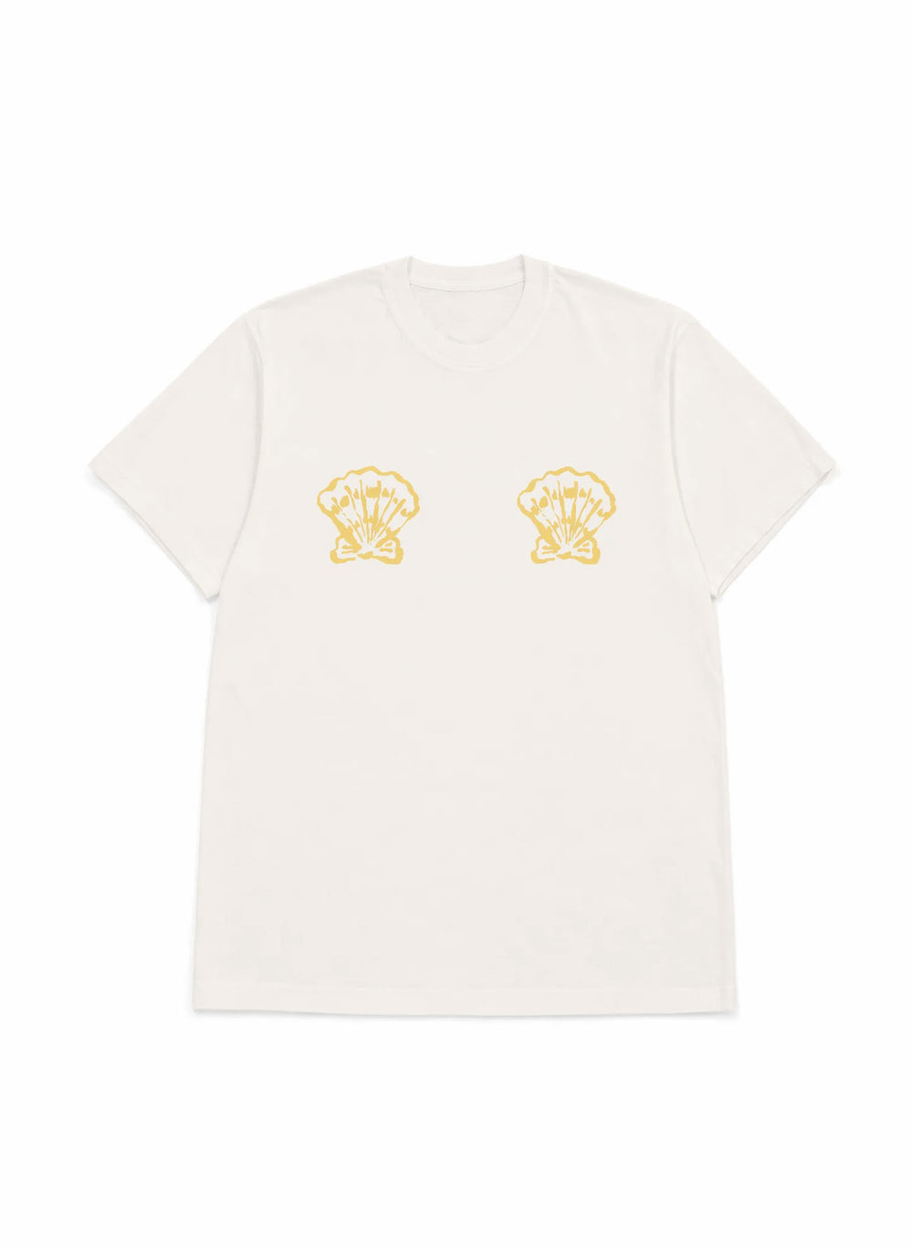 women's white graphic tee with shells over the chest as a bra- salty mermaid swimwear t-shirt