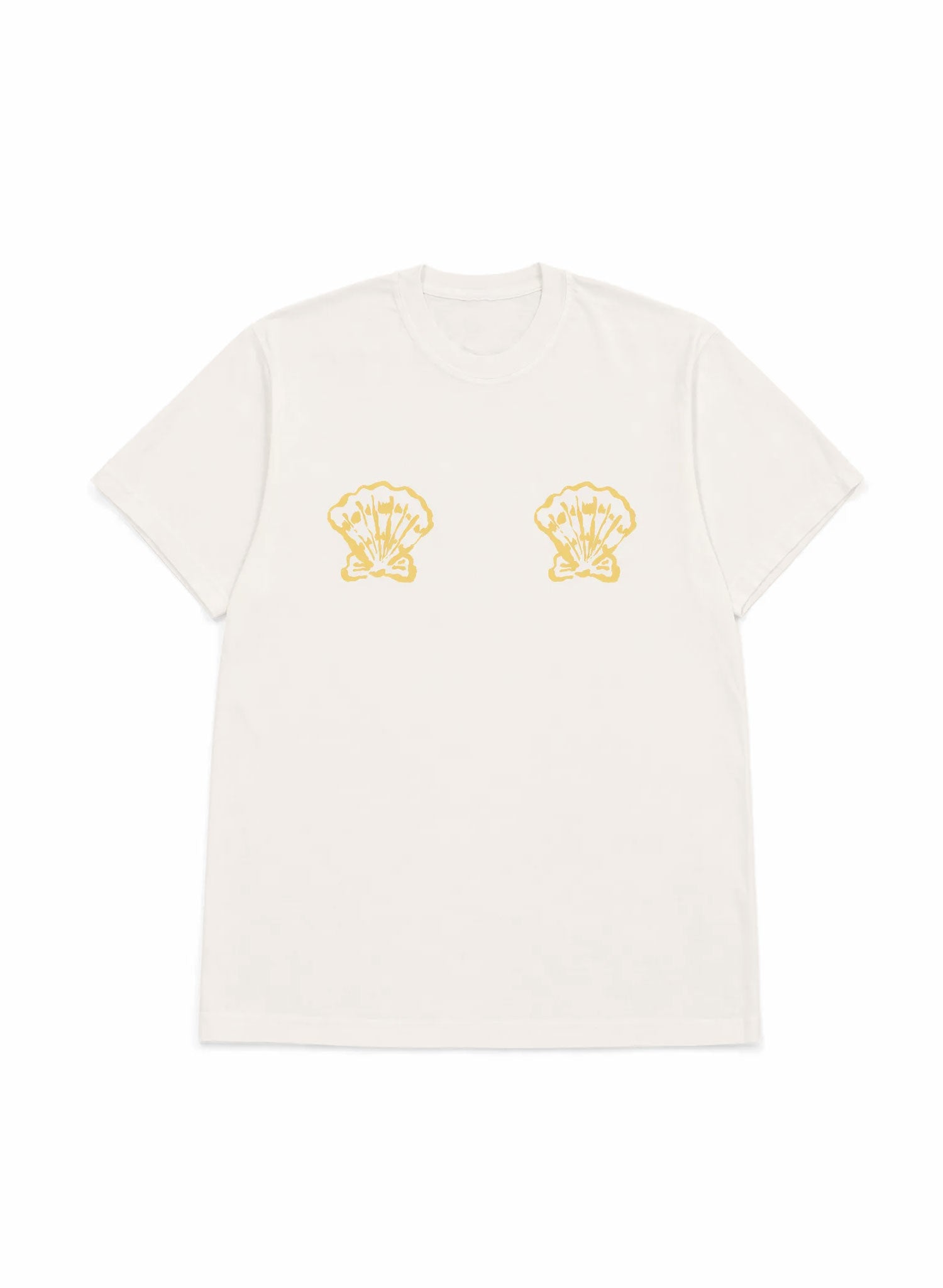 women's white graphic tee with shells over the chest as a bra- salty mermaid swimwear t-shirt