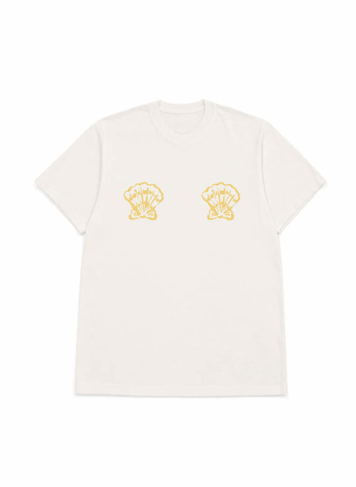 women's white graphic tee with shells over the chest as a bra- salty mermaid swimwear t-shirt