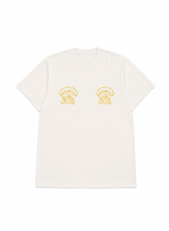 women's white graphic tee with shells over the chest as a bra- salty mermaid swimwear t-shirt