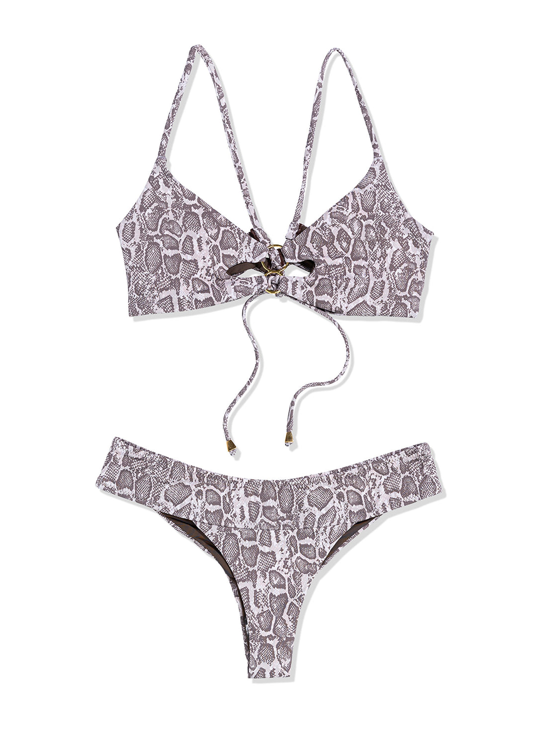 Snake print scoop neck bikini top by Salty Mermaid, featuring gold ring accents at the front and criss-crossing back straps. Bold animal print design with luxe hardware and supportive fit—perfect for trendy beachwear and stylish resort swim looks.