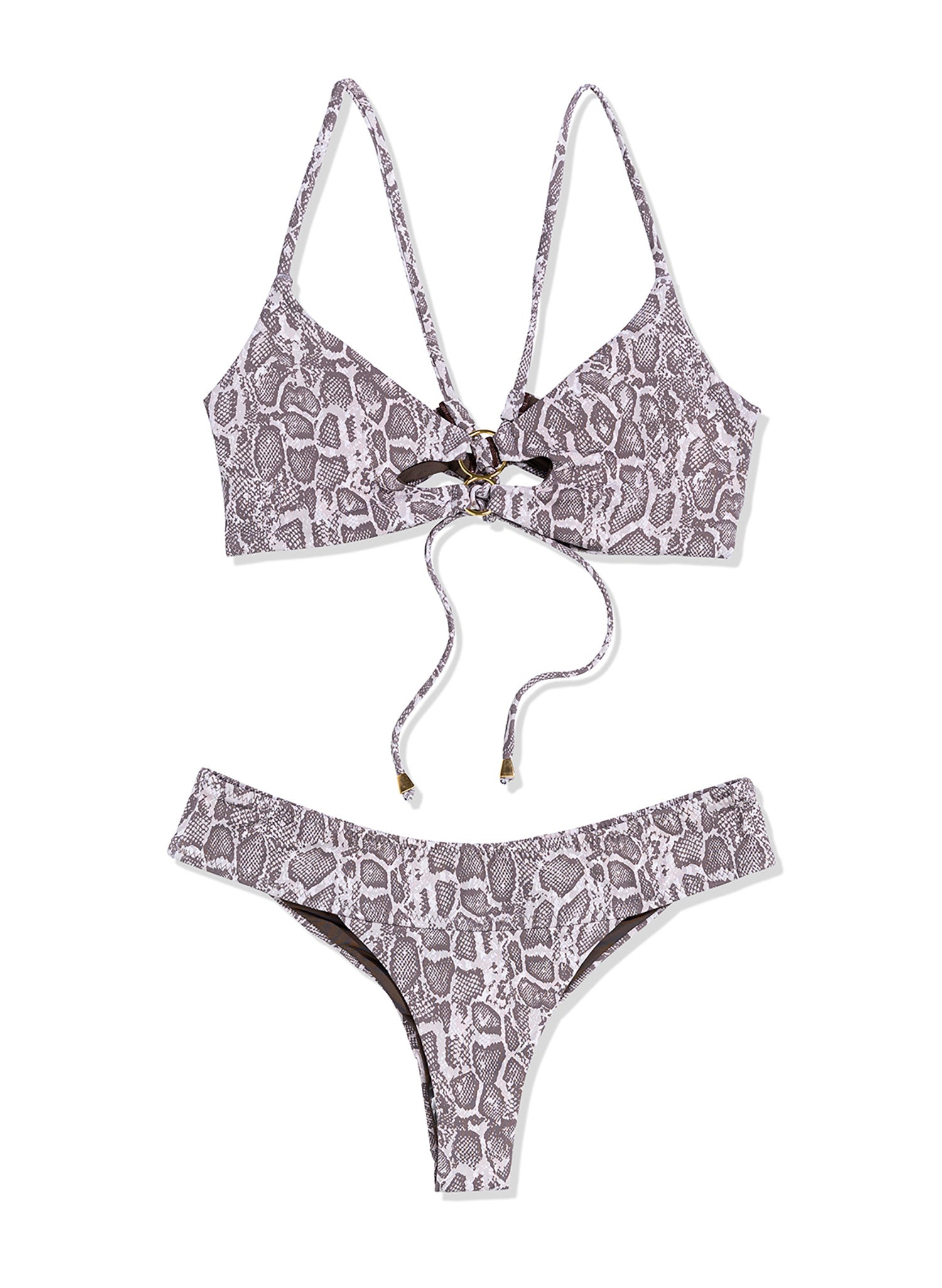 Snake print scoop neck bikini top by Salty Mermaid, featuring gold ring accents at the front and criss-crossing back straps. Bold animal print design with luxe hardware and supportive fit—perfect for trendy beachwear and stylish resort swim looks.