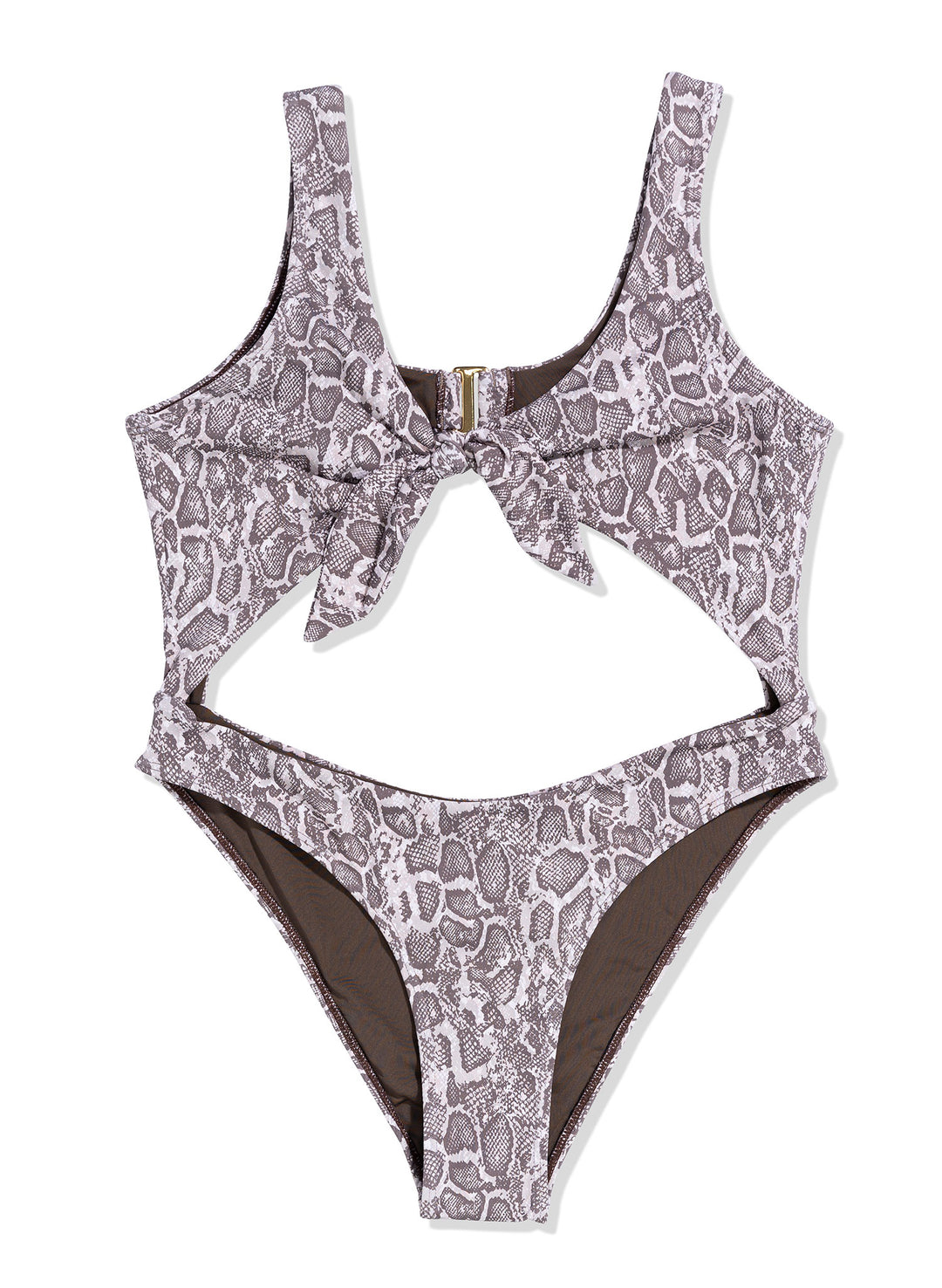 Snake print one-piece monokini by Salty Mermaid, featuring a front cutout, knotted bust detail, and low back. Designed with a cheeky bottom and bold animal print for a sexy, confident beach look—perfect for standout resort swimwear.