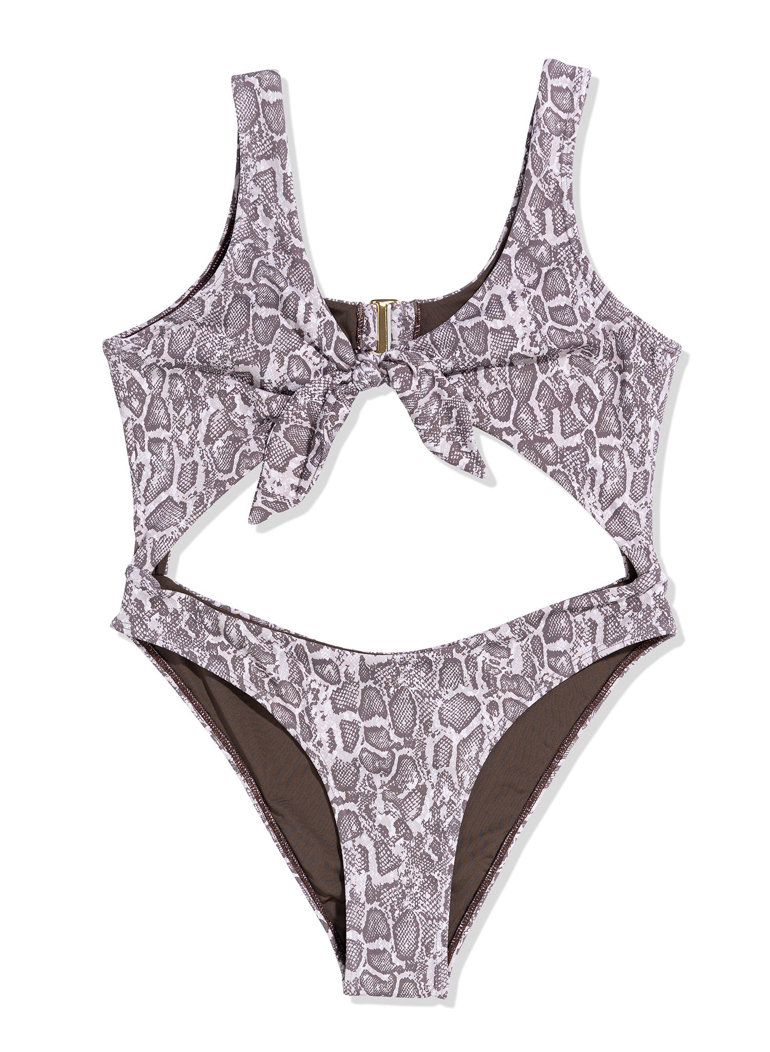 Snake print one-piece monokini by Salty Mermaid, featuring a front cutout, knotted bust detail, and low back. Designed with a cheeky bottom and bold animal print for a sexy, confident beach look—perfect for standout resort swimwear.
