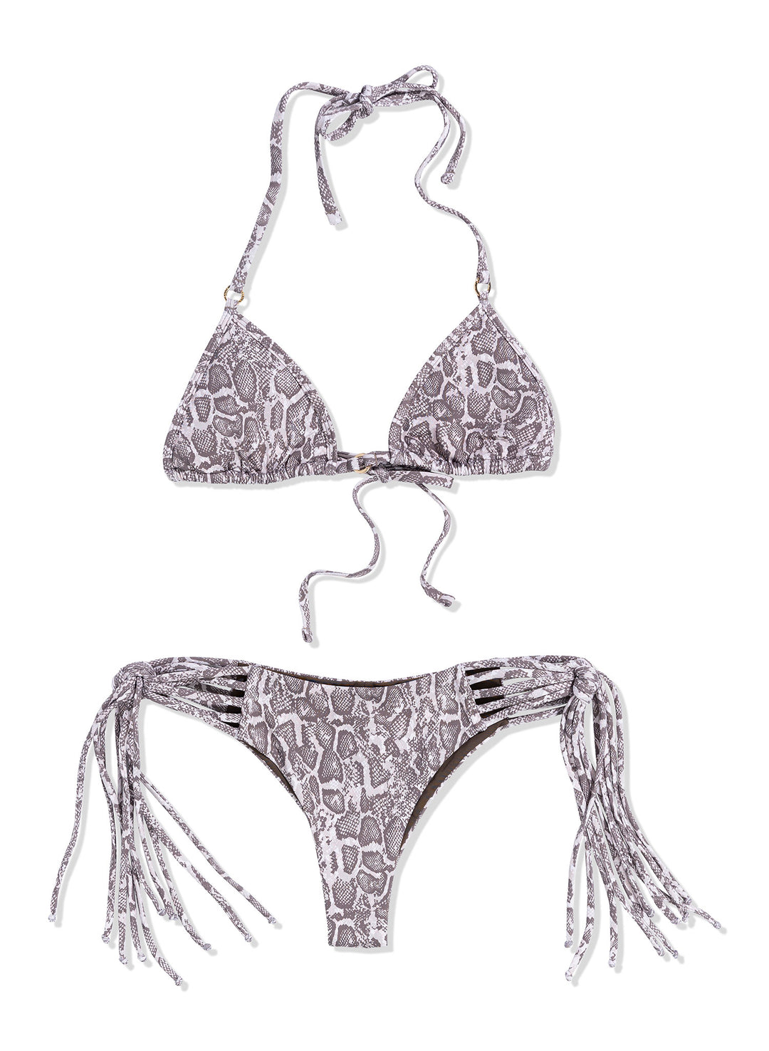 Snake print triangle bikini top by Salty Mermaid, featuring adjustable straps and a classic, flattering fit. Bold animal print design perfect for mix-and-match swimwear, tropical vacations, and statement beach style. Snake print string bikini bottom by Salty Mermaid, featuring detachable fringe accents and semi-Brazilian coverage. Bold animal print design with playful, customizable fringe—perfect for statement swimwear and exotic beachwear looks.