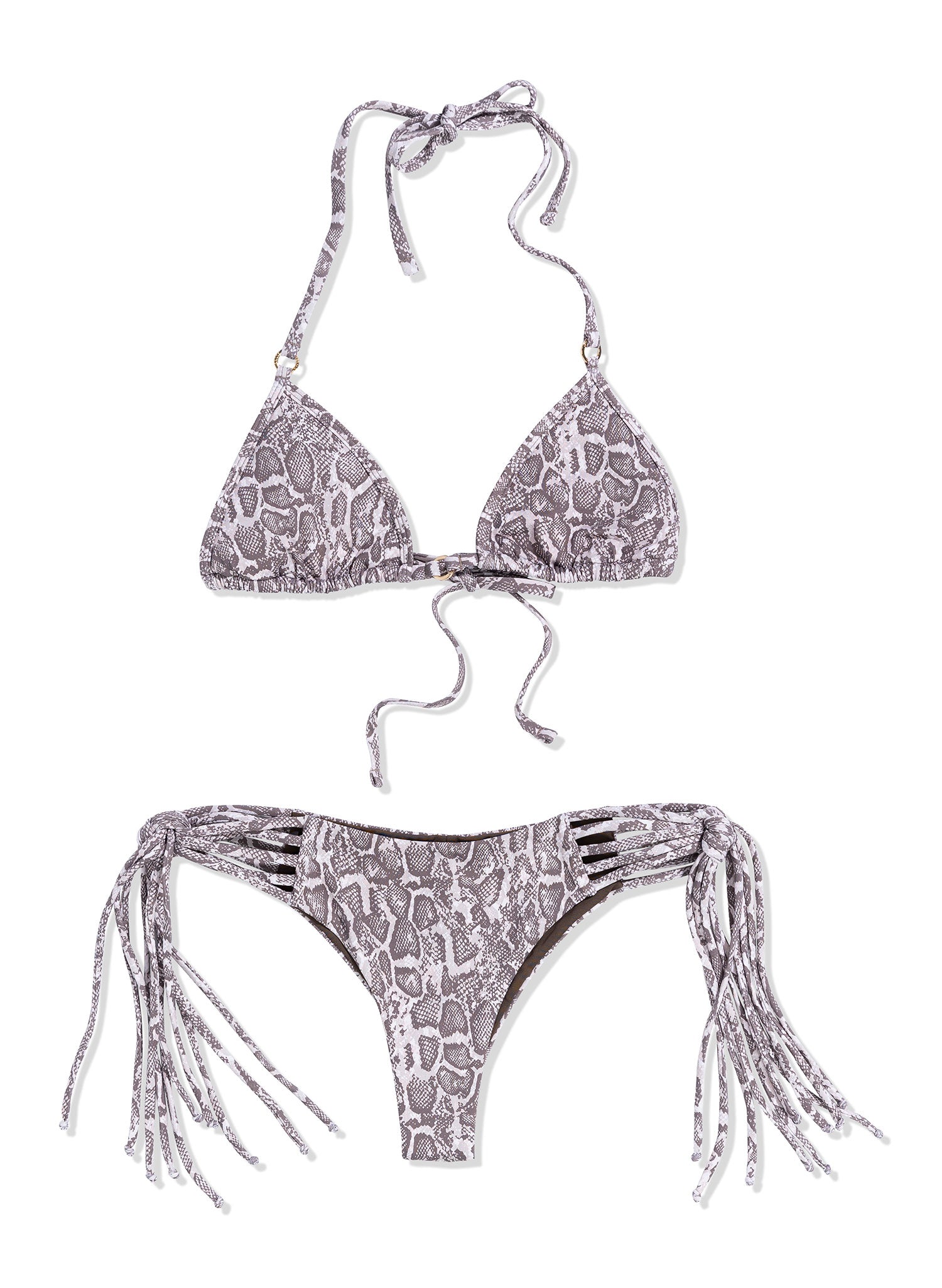 Snake print triangle bikini top by Salty Mermaid, featuring adjustable straps and a classic, flattering fit. Bold animal print design perfect for mix-and-match swimwear, tropical vacations, and statement beach style. Snake print string bikini bottom by Salty Mermaid, featuring detachable fringe accents and semi-Brazilian coverage. Bold animal print design with playful, customizable fringe—perfect for statement swimwear and exotic beachwear looks.