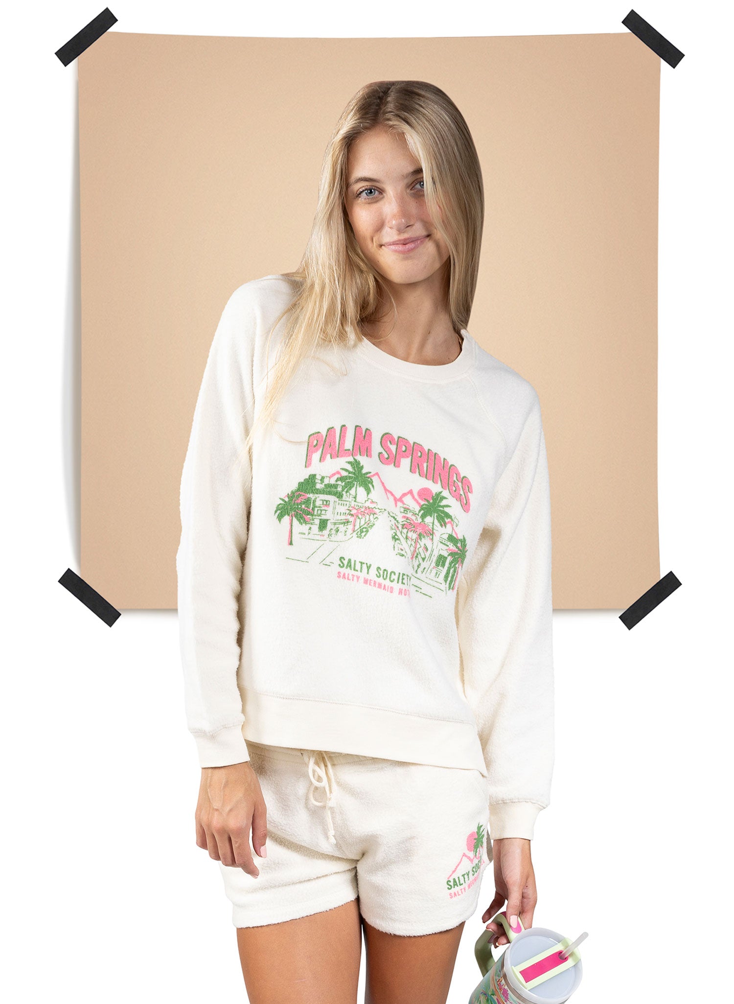 Salty Mermaid Palm Springs Hotel Collection crewneck sweatshirt in cream/green/pink.