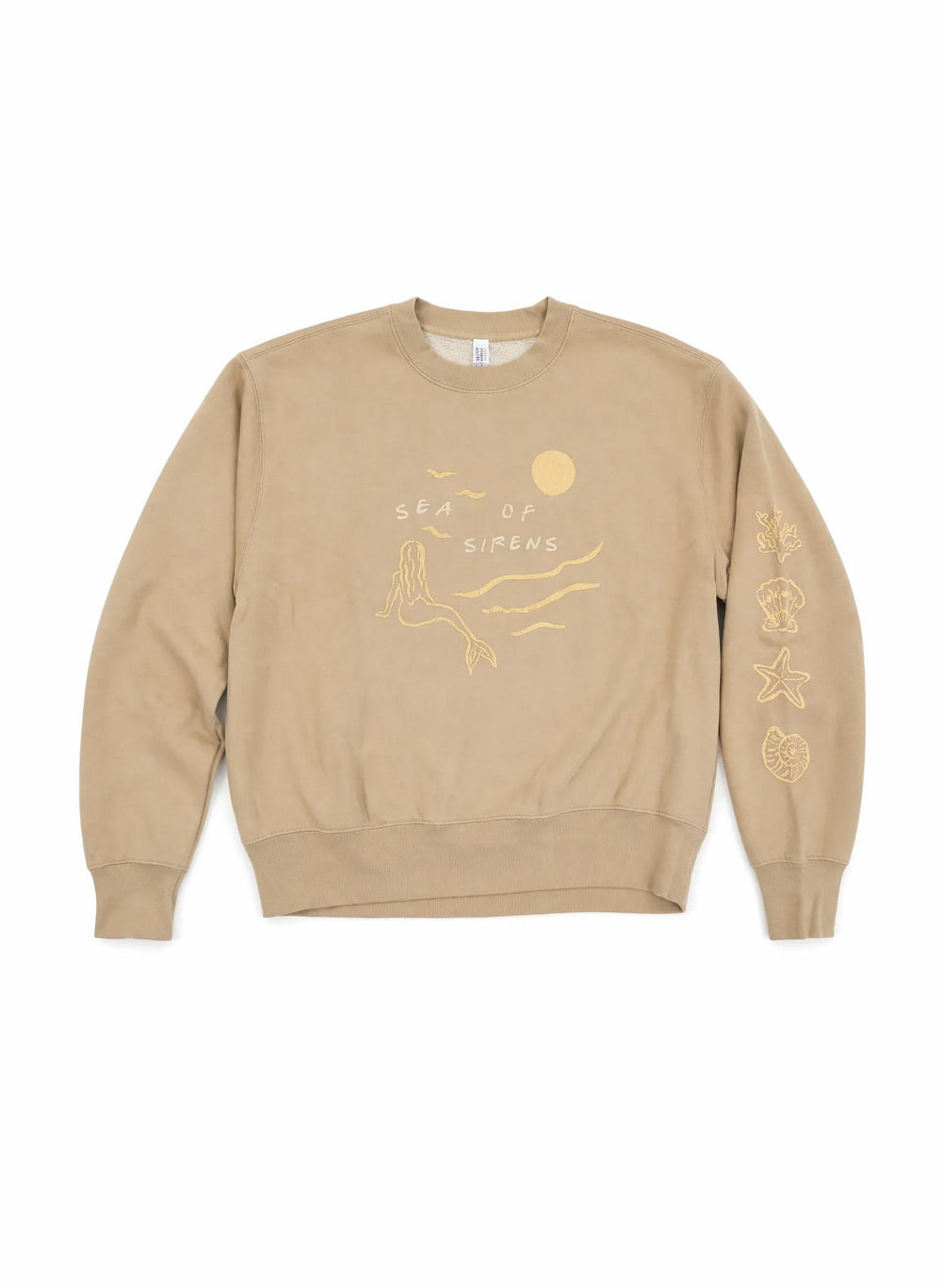 Sand oversized crewneck sweatshirt with Sea of Sirens siren graphic and seashell sleeve print, Salty Mermaid fleece
