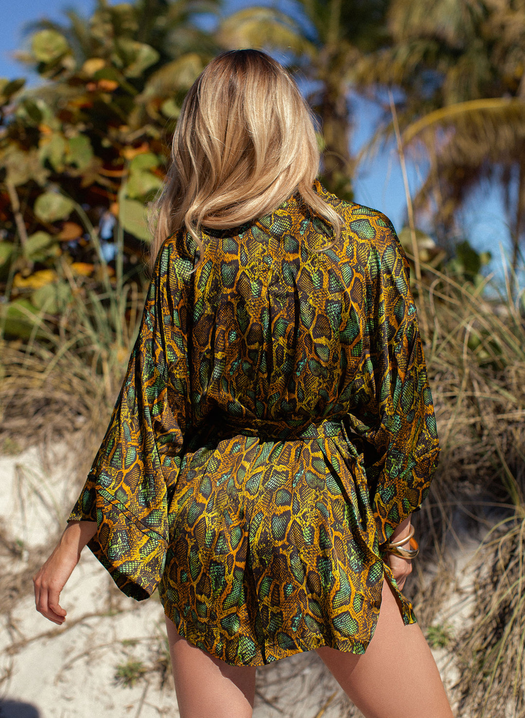 Snake print cover-up robe in green and gold, beach layering piece—Salty Mermaid swimwear