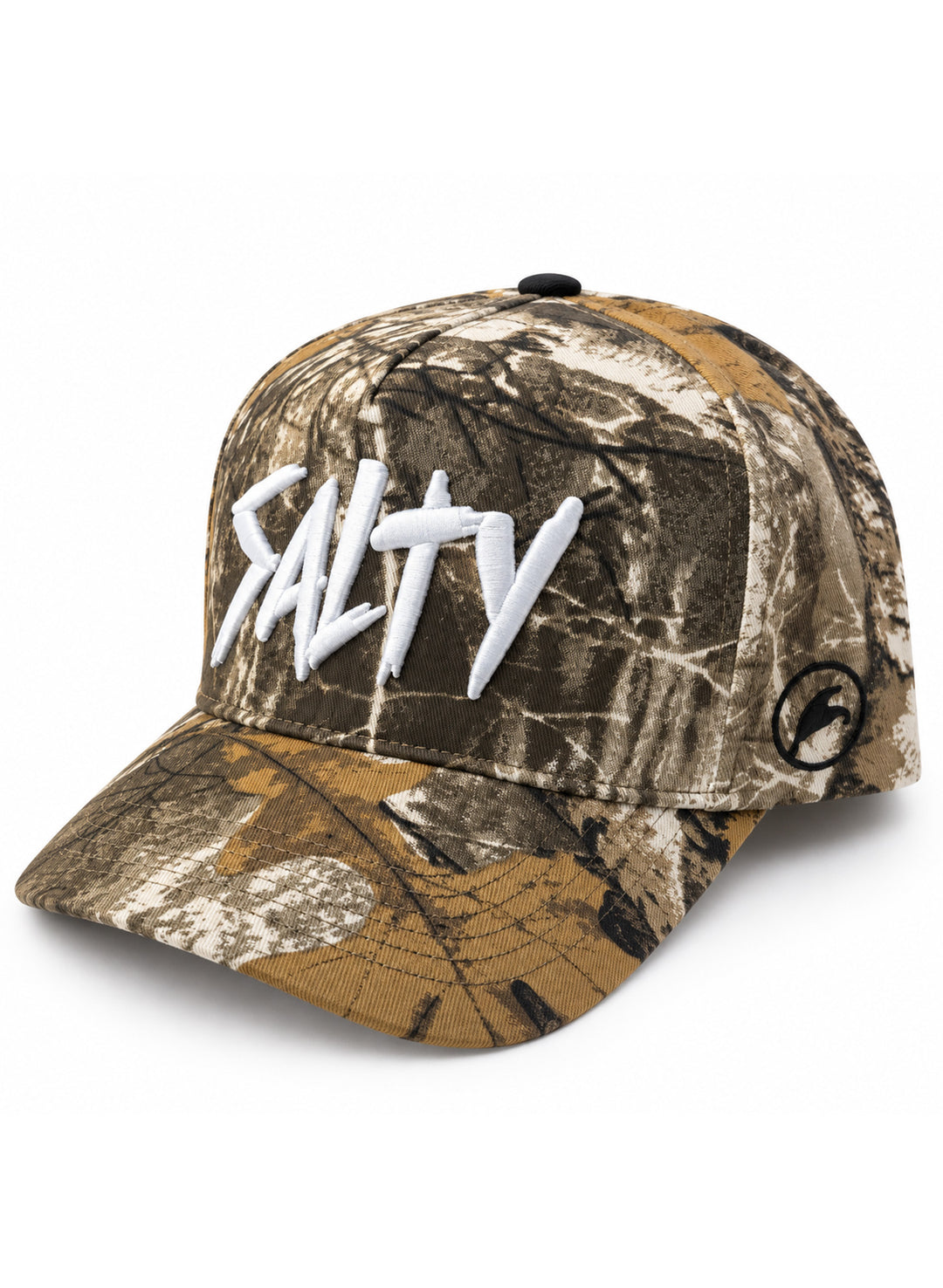 Salty Mermaid hat in brown, olive and tan tree-branch camo, angled to show white SALTY embroidery and black side logo.